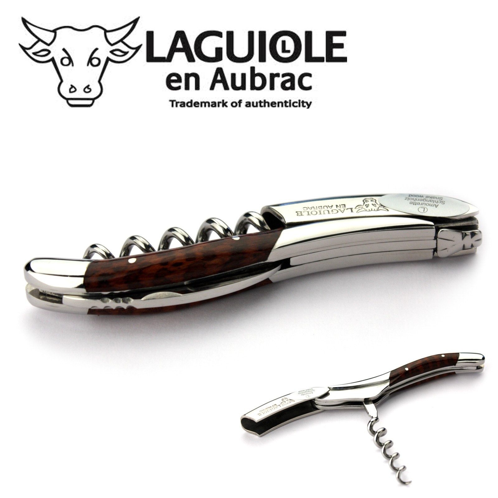 Laguiole en Aubrac Weinflaschenöffner SOM99AMI, Laguiole Kellnermesser - Griff Schlangenholz - Edelstahl glänzend
