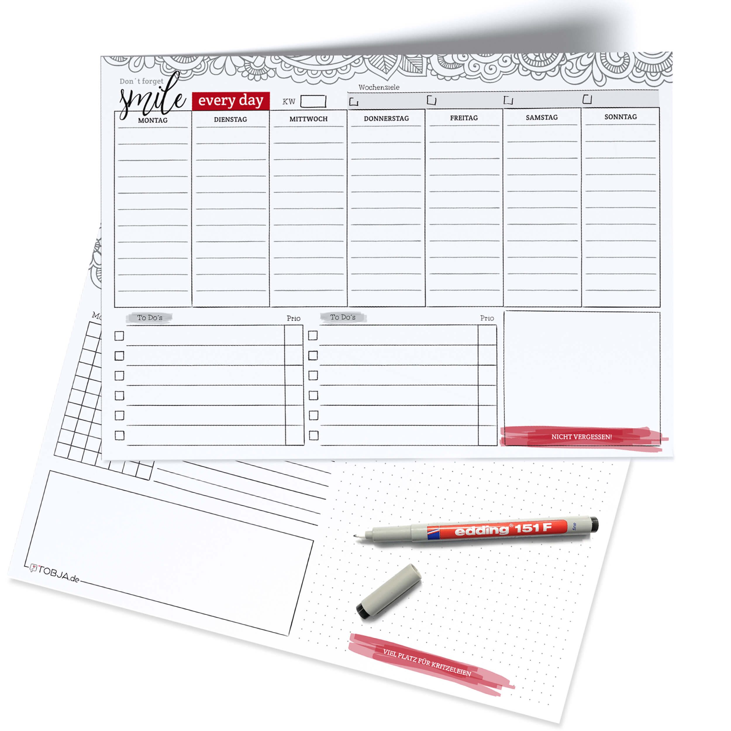 TOBJA Notizblock Wochenplaner A4 "Folie" Blatt wiederbeschreibbar + Stift, Merkliste