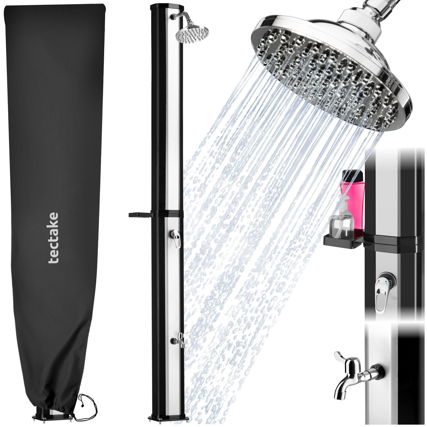 tectake Gartendusche Solardusche - 35 l Wassertank, drehbar (Freiluftdusche Ofanto, 1 St., in Schwarz/Silber), Korrosions- und UV-beständig