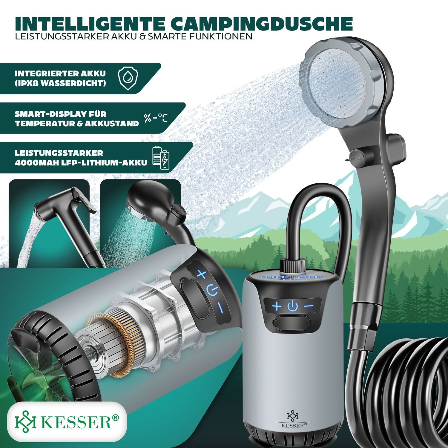 KESSER Gartendusche Campingdusche mit Pumpe & wiederaufladbarem Akku 4000mA günstig online kaufen