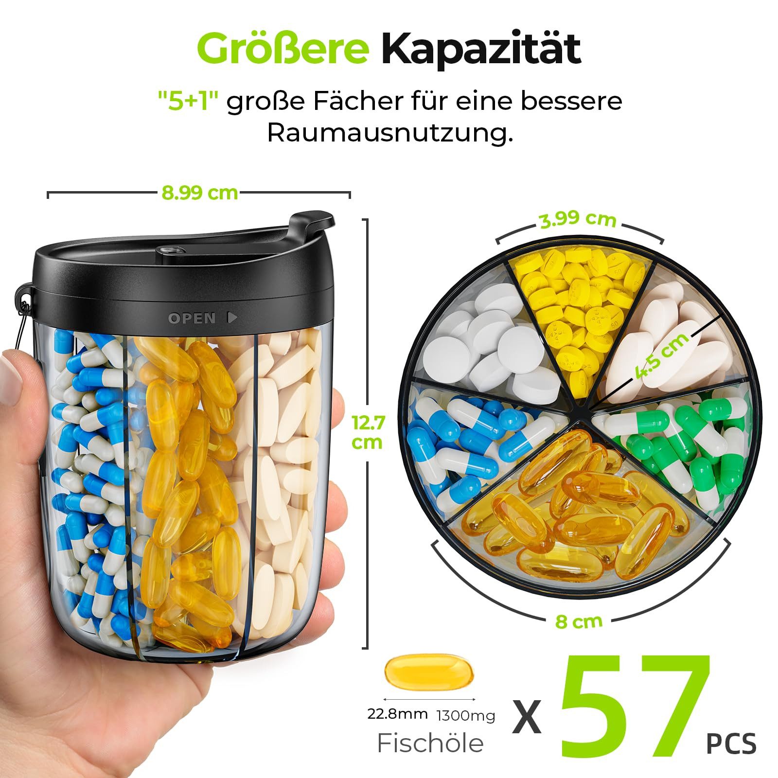 FOUORTUNATE-BEE Pillendose Tablettenbox Rund Pillendose 6 Fächer mit Großen Separaten Fächern (tragbare Medikamentenbox)