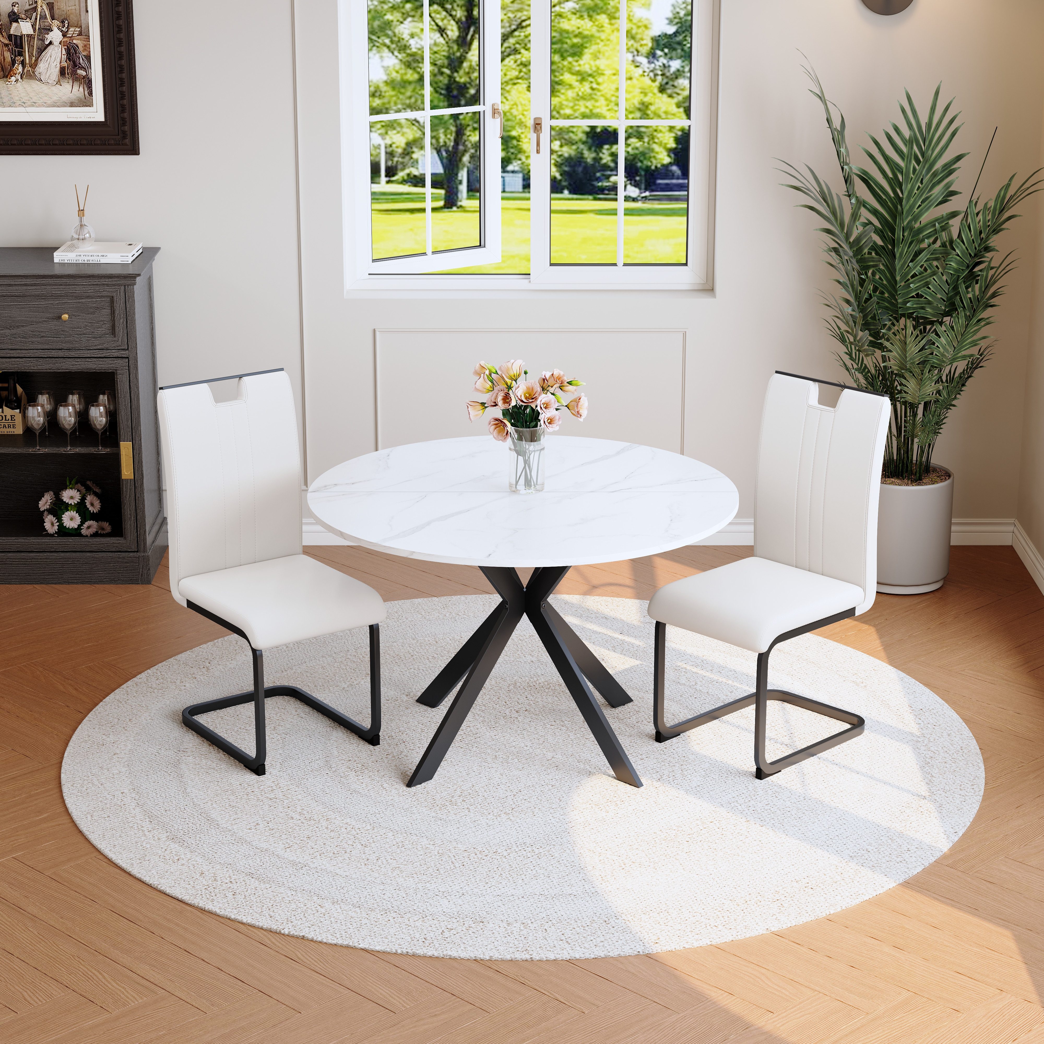 Welltin Essgruppe Rundes Marmor-Esstisch Esszimmer-Set mit 2 oder 4 Stühlen, (2-tlg), weißen oder schwarzen Cantilever-Stühlen, Kunstleder und Metallrahmen