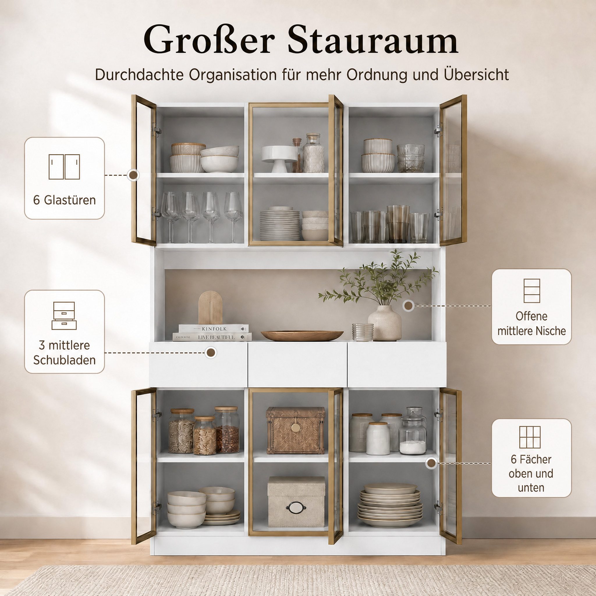 FUFU&GAGA Glasvitrine LED Sammlervitrine 175-200cm hoch, Push-to-Open, Weiß/Schwarz – Bild 5 von 5
