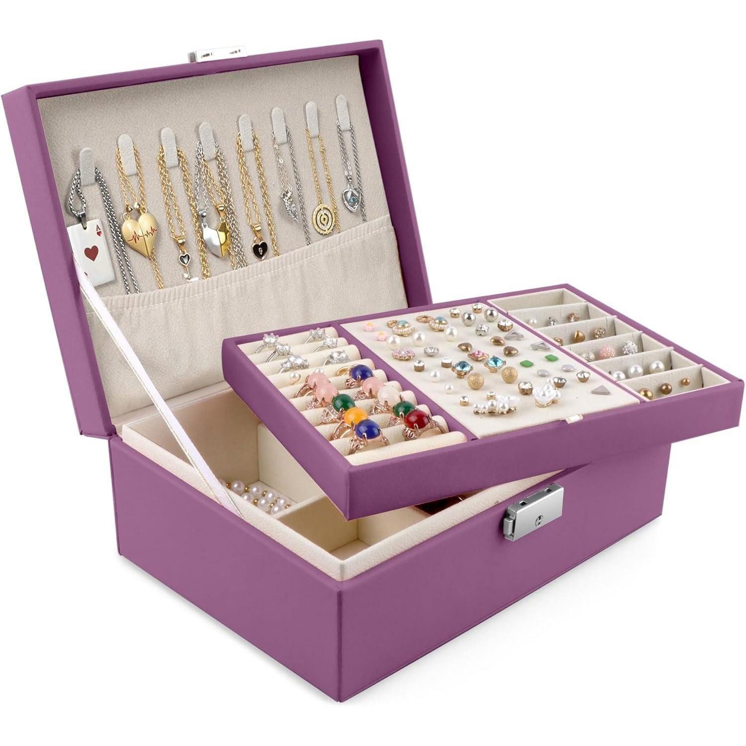LuxusKollektion Schmuckkasten Schmuckkästchen Damen Leder groß Schmuckschatulle grün violett