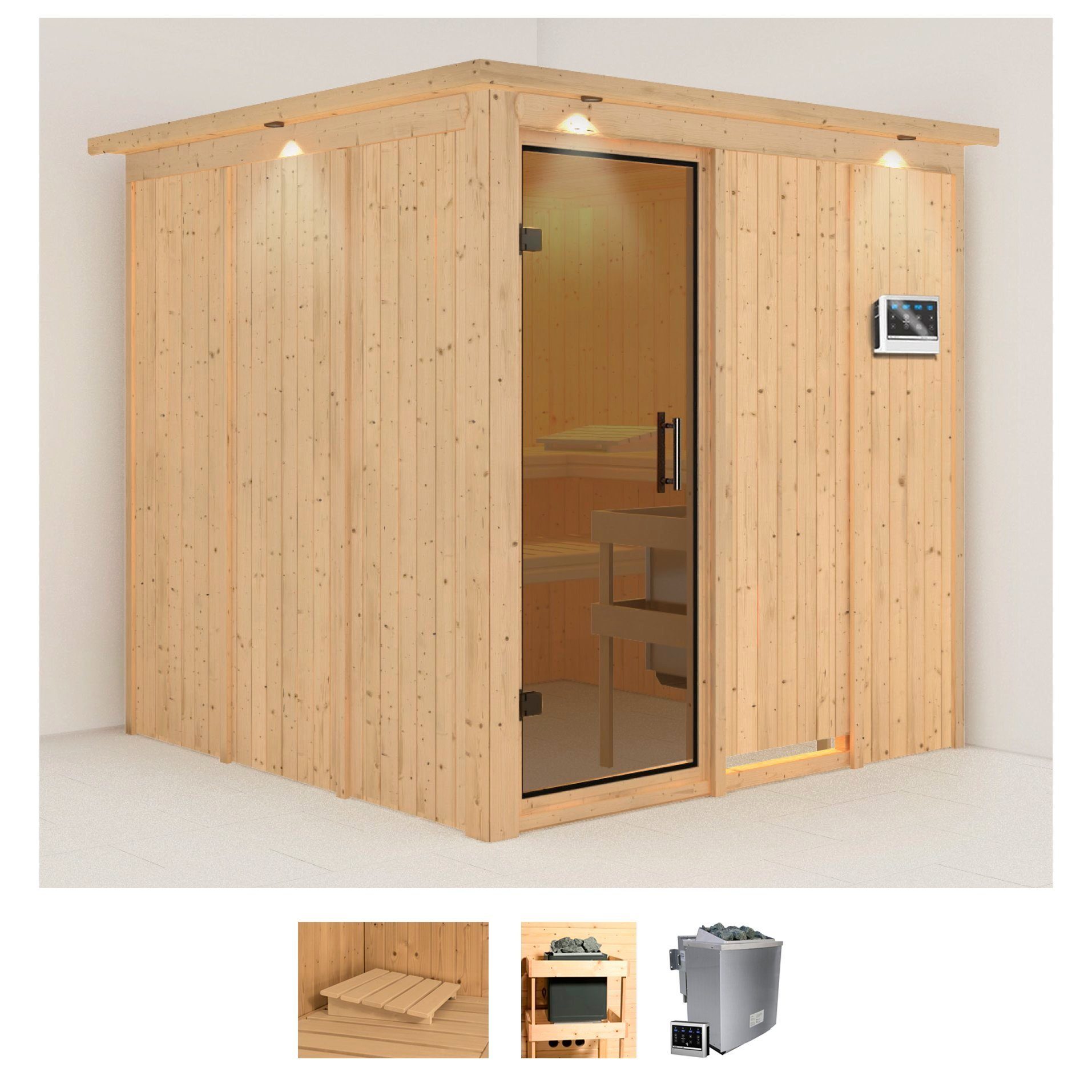 Karibu Sauna Rodin, BxTxH: 210 x 210 x 202 cm, 68 mm, (Set) Ofen 9 kW Bio externe Strg easy