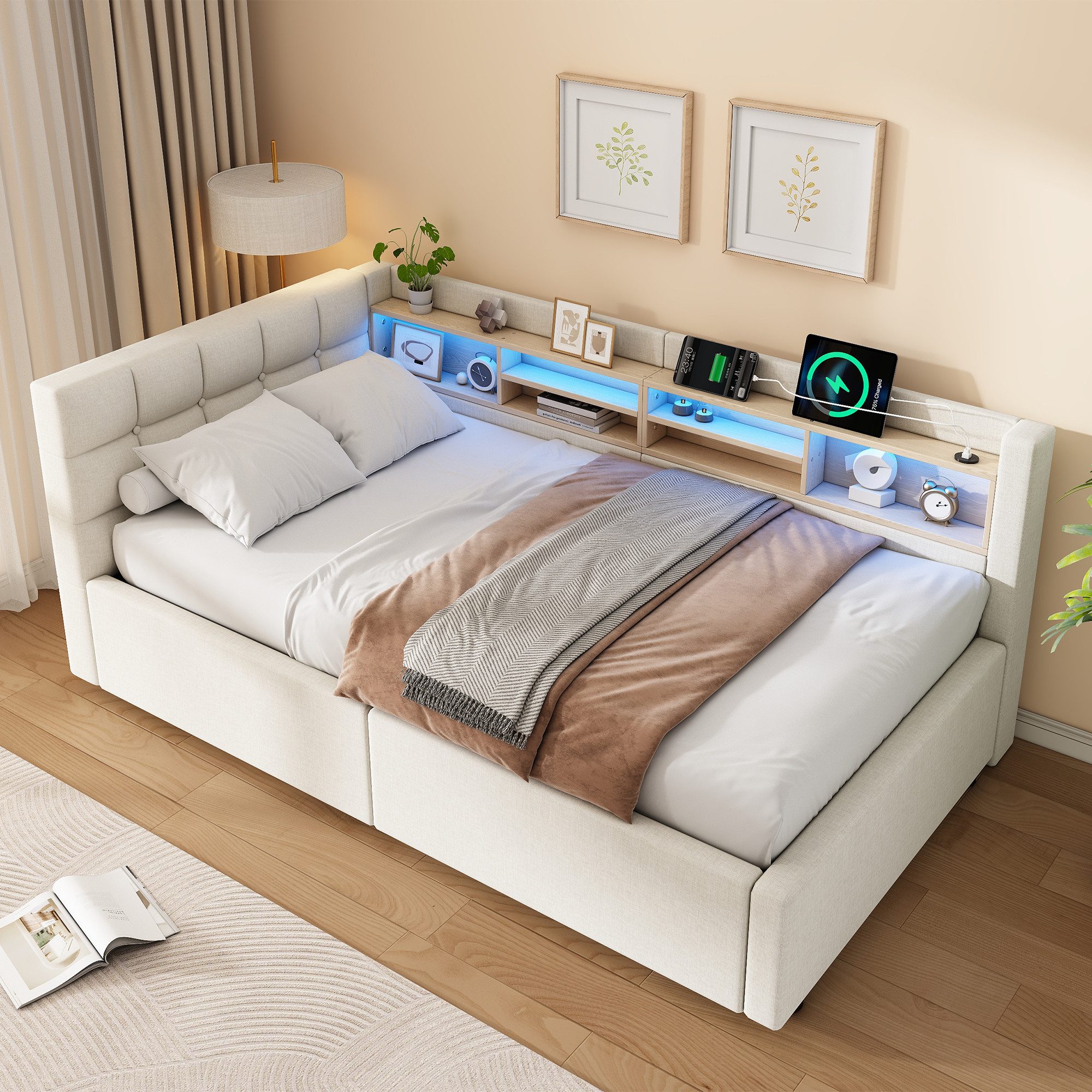 Merax Daybett mit LED-Beleuchtung & USB-Anschluss, Polsterbett mit Leinenbezug (Schlafsofa Jugendbett, 1 tlg), Tagesbett 90x200cm mit hydraulischem Stauraum & S – Bild 2 von 5