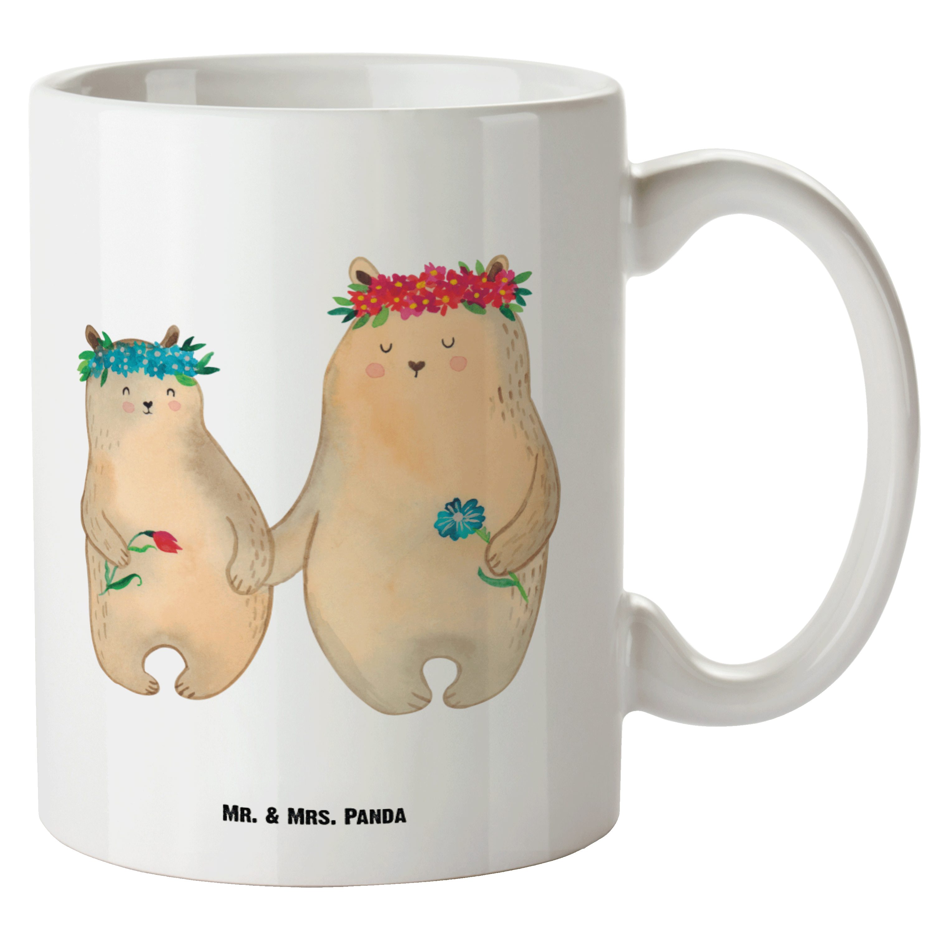 Mr. & Mrs. Panda Tasse Bären mit Blumenkranz - Weiß - Geschenk, Family, Mama, Opa, Jumbo Tas, XL Tasse Keramik