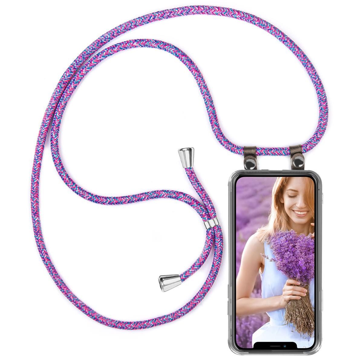 moex Handykette für iPhone 12 Pro Max Hülle mit Band Free Spirit Pink 6,7 Zoll, Handyhülle zum Umhängen Handyband Kette abnehmbar Handy Umhängeband