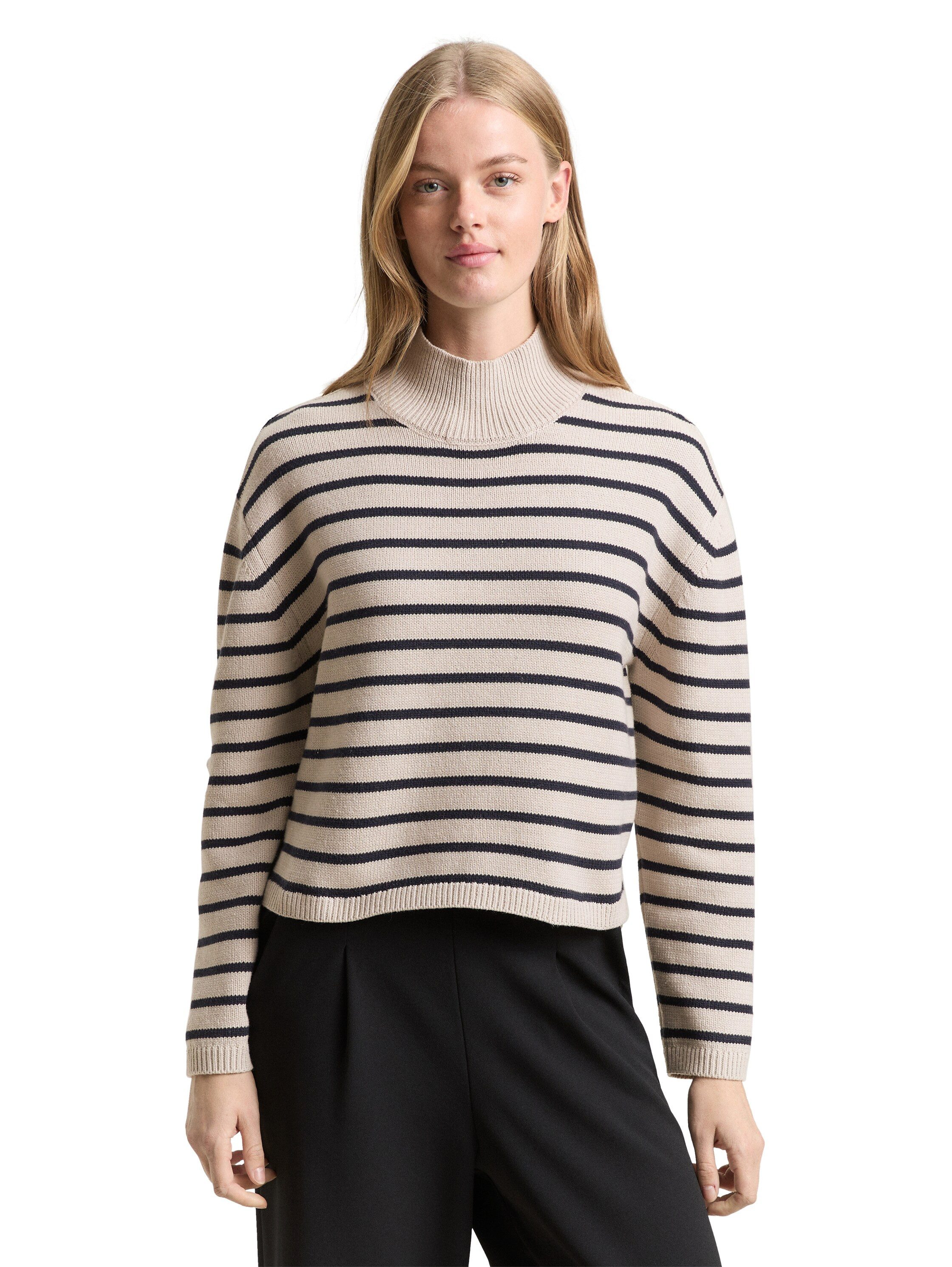 TOM TAILOR Denim Strickpullover im Streifen-Design und mit Stehkragen