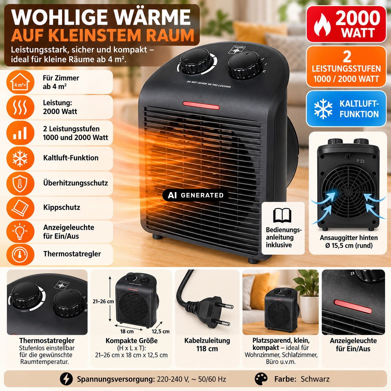 DESKI Heizlüfter Heizgebläse schwarz, 2 Leistungsstufen + Kaltstufe - auch als Ventilator verwendbar – Bild 2 von 3