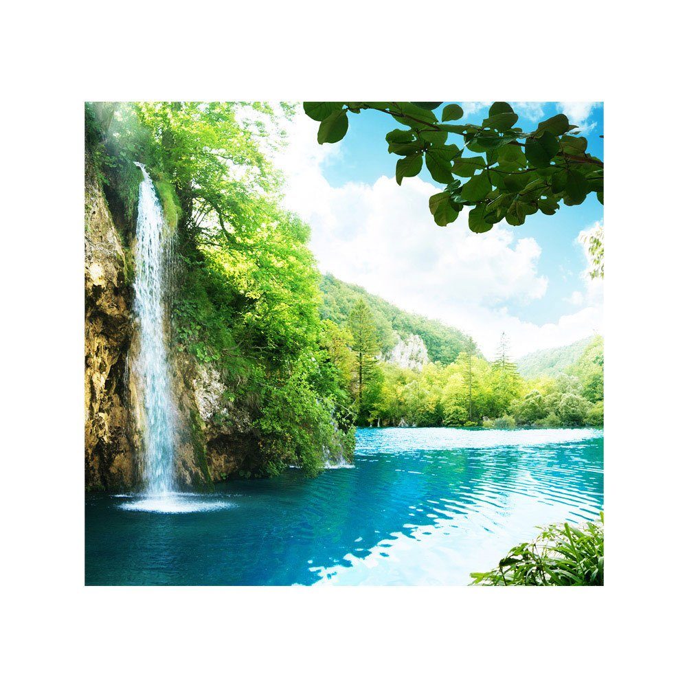 liwwing Fototapete Fototapete Wasserfall Lagune Berge no. Bäume Berge See Wald Landschaft Paradies 35