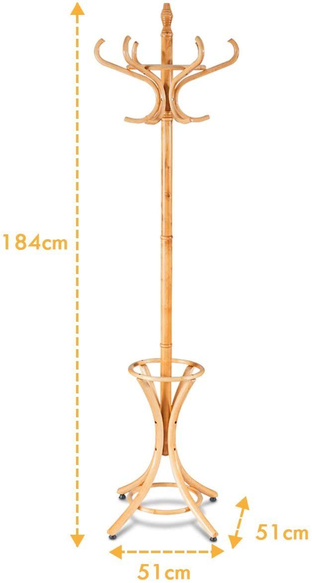 184cm, Garderobenständer, COSTWAY 12 mit und Natur Kleiderhaken Schirmständer