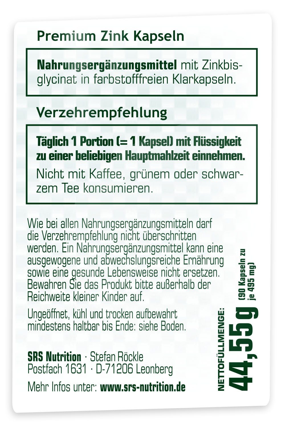 SRS NUTRITION SRS Nutrition ZINK 90 Kapseln 25 mg elementares Zinc Vegan Kapseln, 44,5 g, Zinkbisglycinat