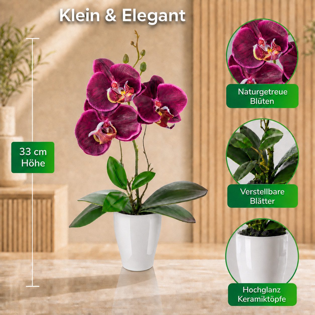 Kunstorchidee 3er Set künstliche Orchideen wie echt (35cm) in Hochglanz-Keramiktopf Orchidee, PASCH – Bild 3 von 5