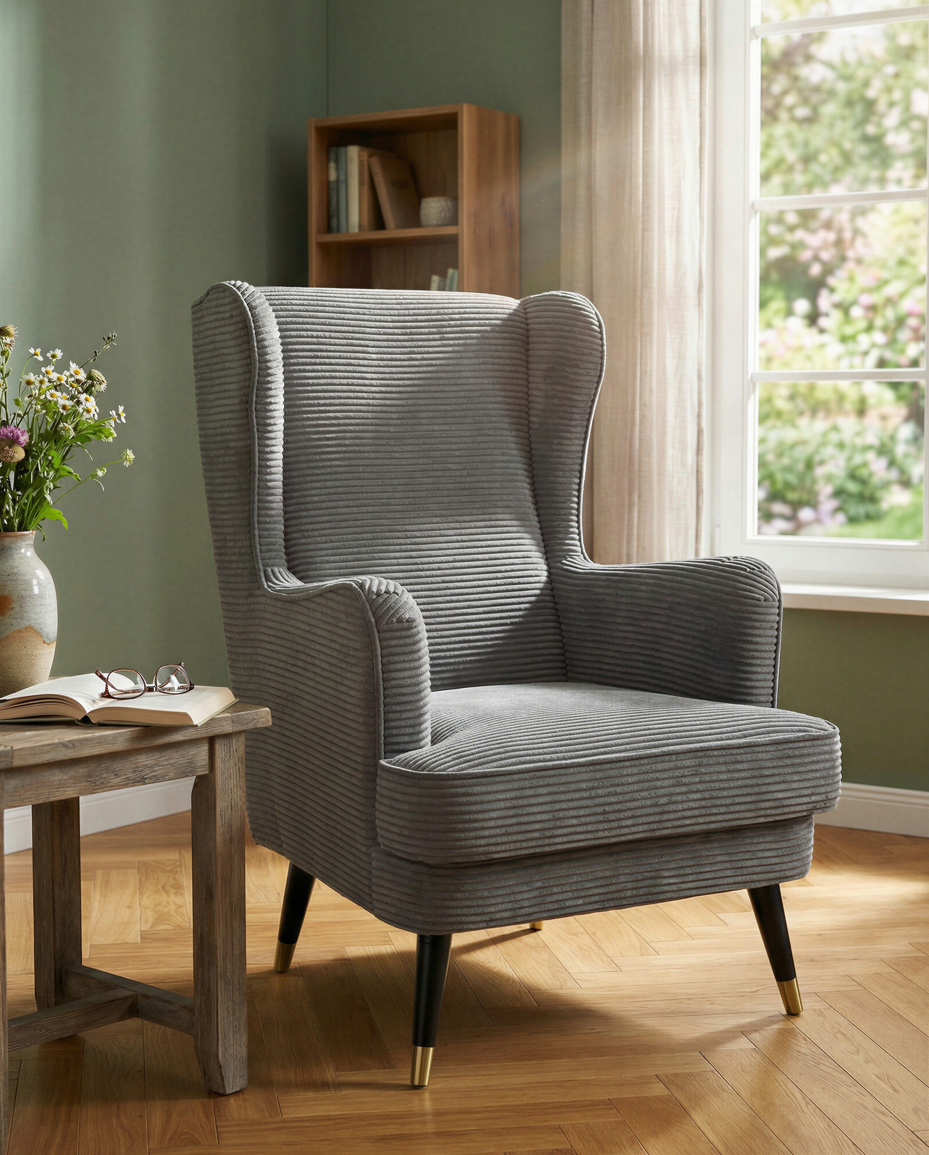 Home affaire Ohrensessel ZILLER, TV-Sessel, frei im Raum stellbar, in Cord und Samtvelours, Holzfüsse mit dekorativen Metallhülsen, Traumhafter Relaxsessel