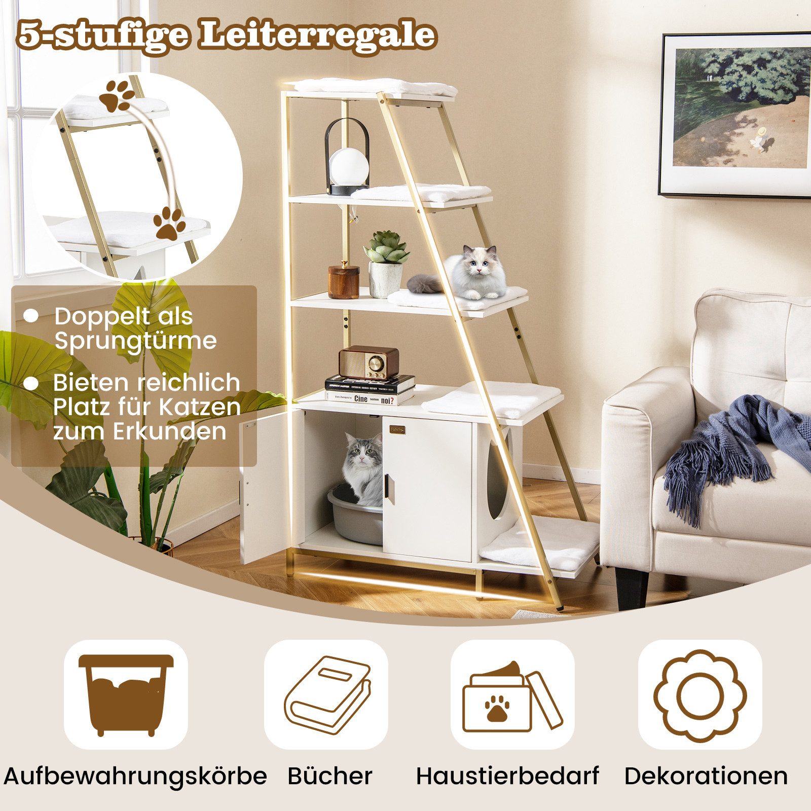 COSTWAY Tierhaus, Katzenschrank mit Leiterregal & Eingang, Katzenklo Schrank