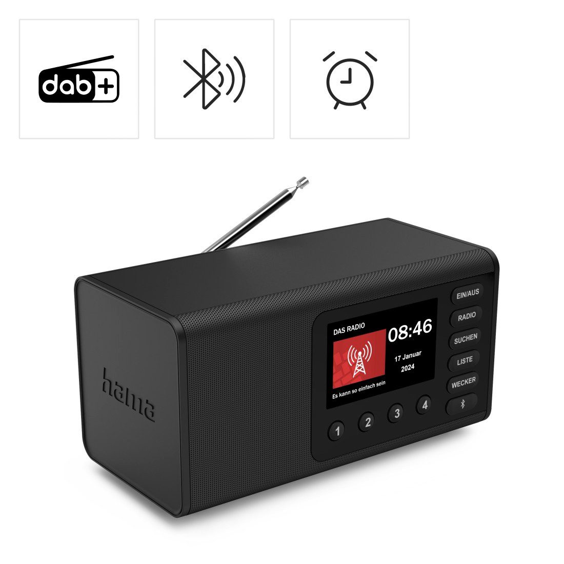Hama Digitalradio mit DAB+ FM Bluetooth und Wecker Digitalradio (DAB) (Digitalradio (DAB), 5 W, 4,3 Zoll TFT Display, große Tasten, Direktwahltasten)