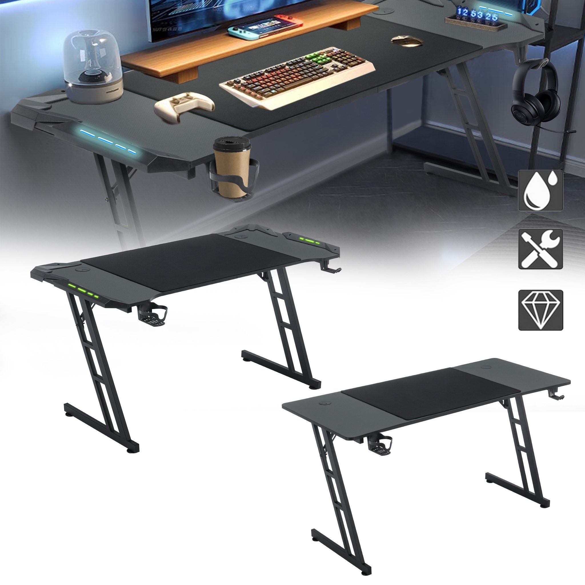 AUFUN Gamingtisch Computertisch Elite Gamer-Schreibtisch Rocksolid Tisch (120/140cm), Schreibtisch mit LED Gamer Beleuchtung, Kopfhörerhaken, Getränkehalter