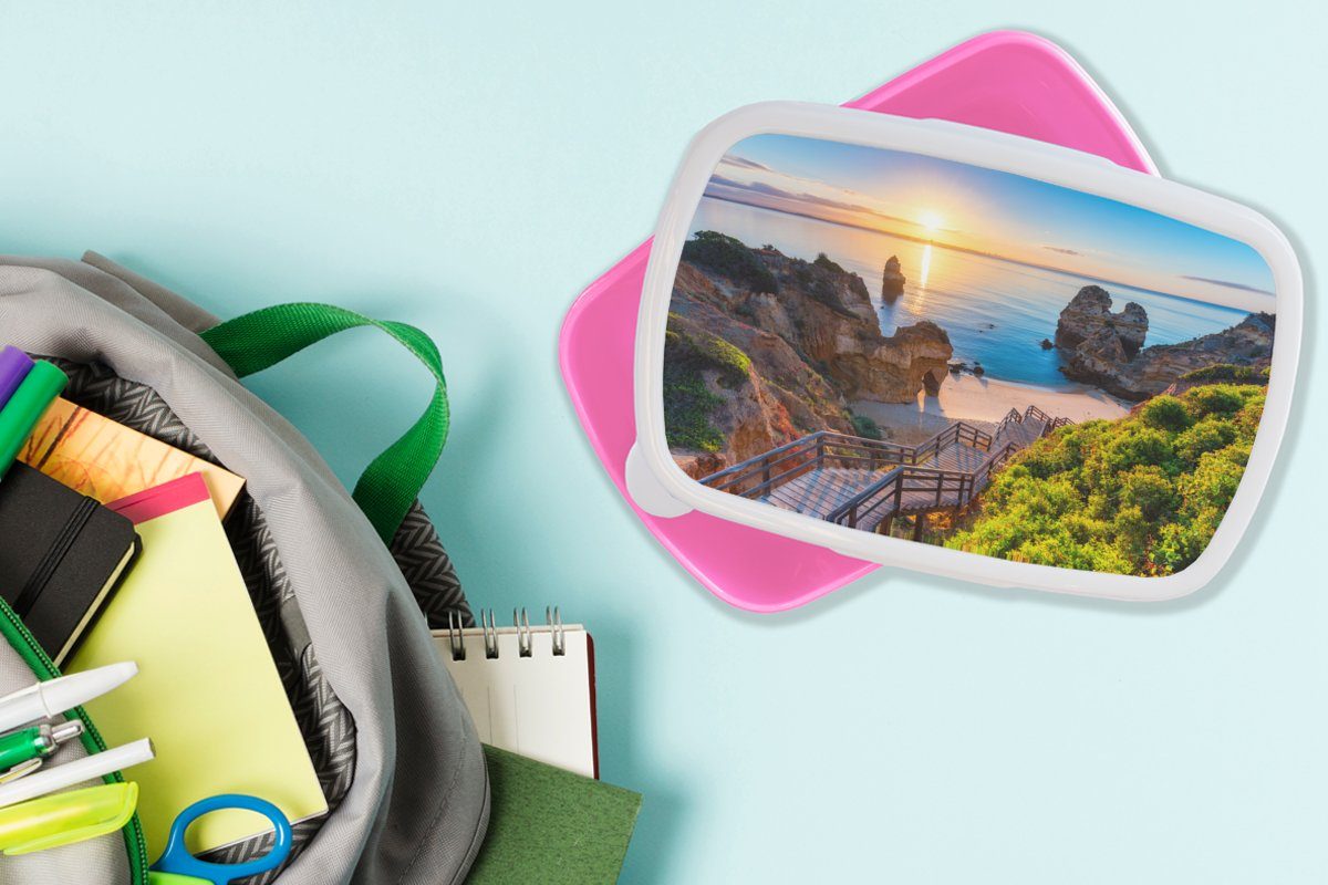 MuchoWow Lunchbox Strand - Meer (2-tlg), Snackbox, Kinder, Mädchen, - für Portugal, Erwachsene, Kunststoff, rosa Kunststoff Brotbox Brotdose