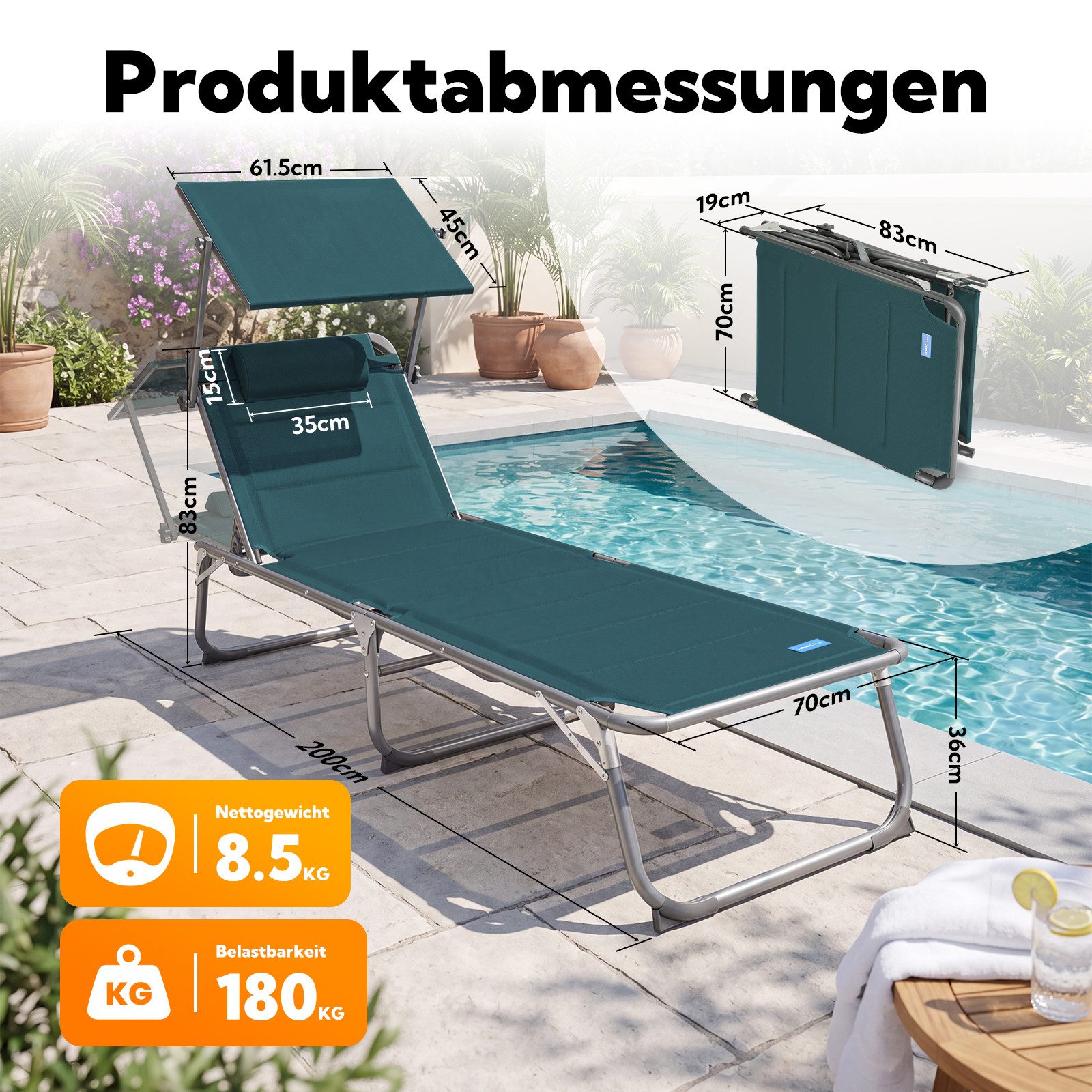HOMECALL Gartenliege Sonnenliege AluLiege Liegestuhl Strandliege Liegen wetterfest, klappbar, Textilene Mit Dickemschnelltrocknende Schaumstoffpolsterung, Verst – Bild 2 von 5