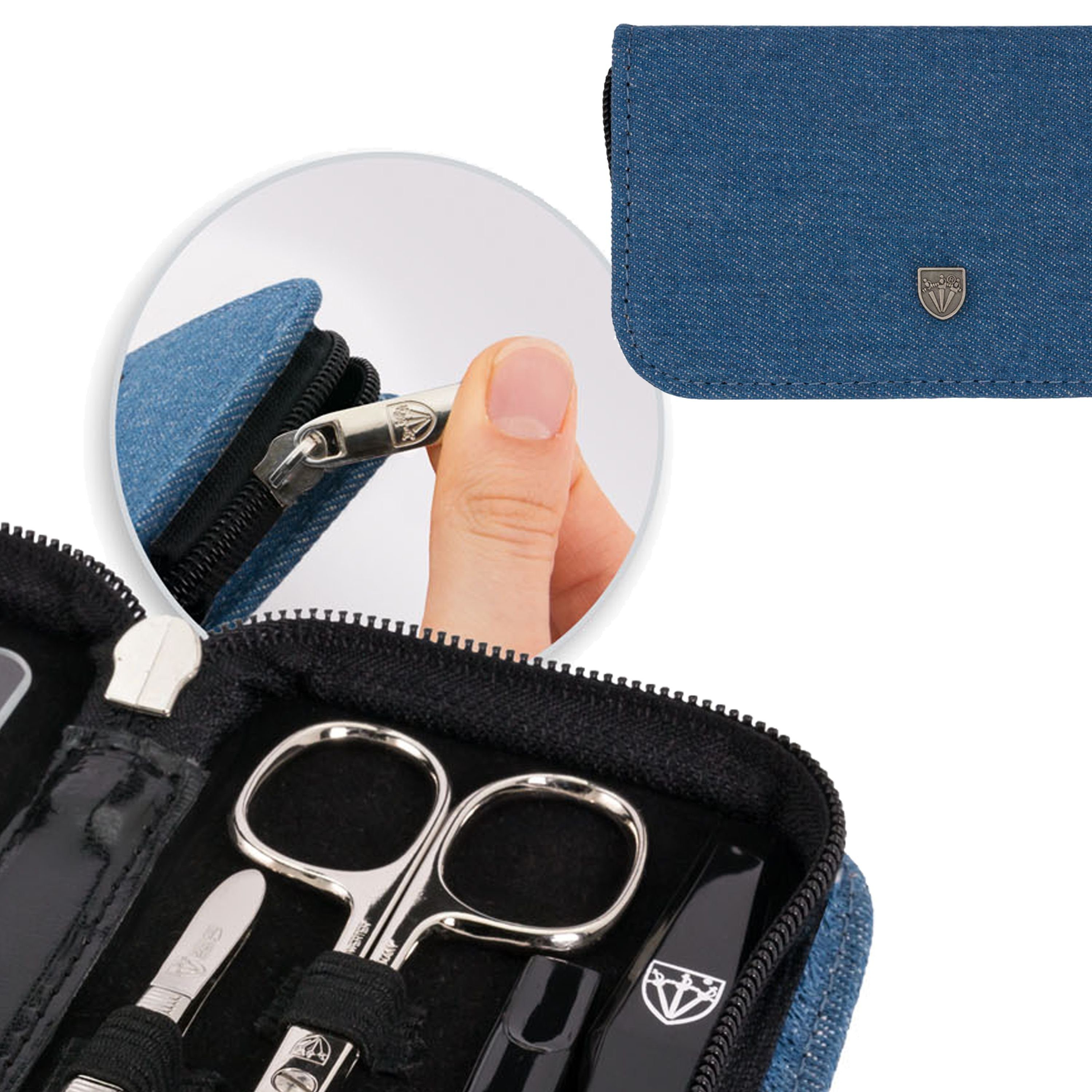 3 SCHWERTER Maniküre-Pediküre-Set, Jeans/blau Glas- mit Saphirnagelfeile und 8-teilig Berlin ALL-IN-ONE