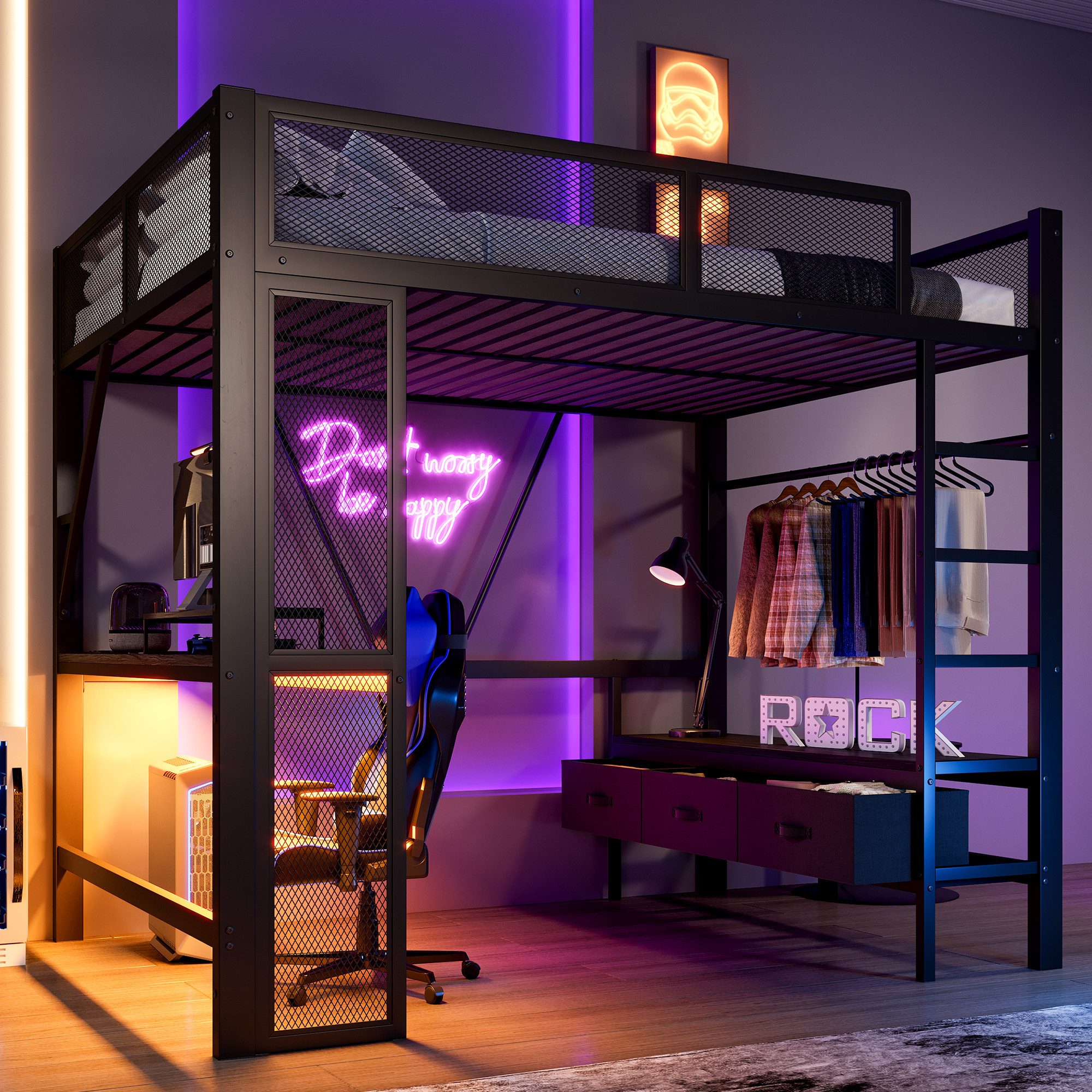 REDOM Hochbett für Kinder & Jugendliche (Metall-Spielhochbett mit LED, USB, Schreibtisch + Schubladen, platzsparend für Zimmer, 1-St., 140x200cm)