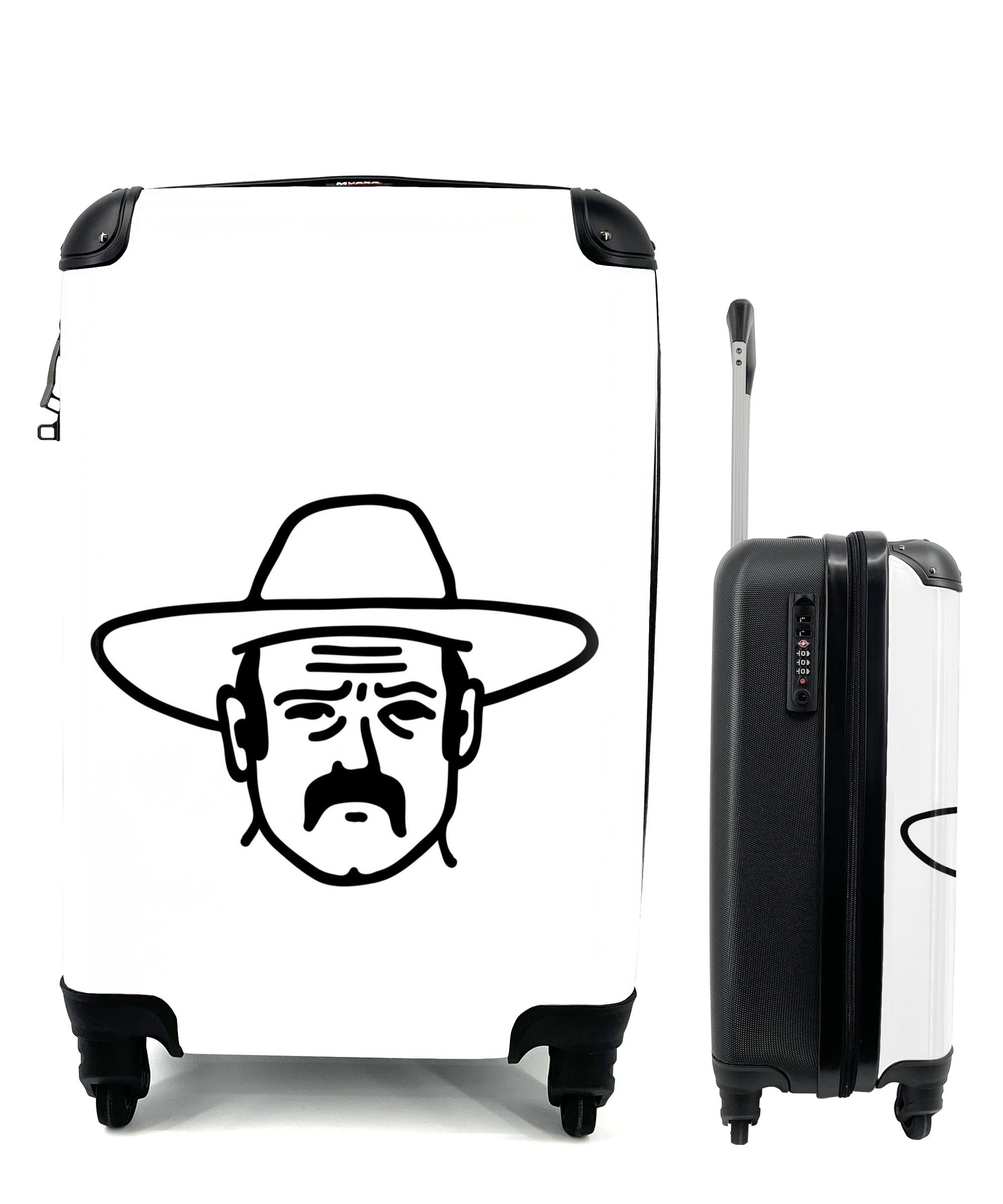 MuchoWow Handgepäckkoffer Schwarz-weiße Illustration eines Cowboys, 4 Rollen, Reisetasche mit rollen, Handgepäck für Ferien, Trolley, Reisekoffer