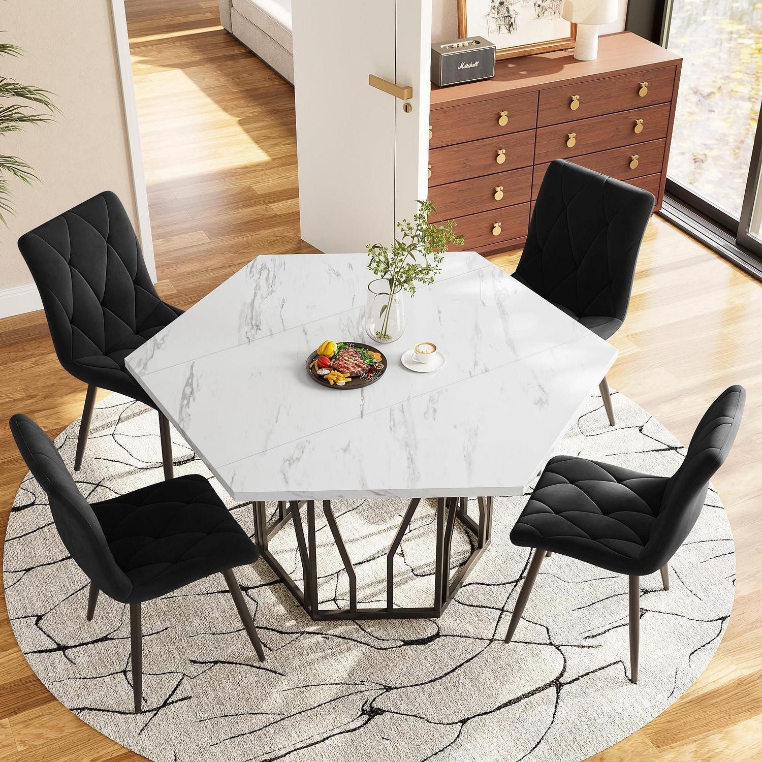 LuxusKollektion Esstisch Esstisch Stuhlset 5teilig Marmor Schwarz Stuhl schwarz Tischbeine (1-St)