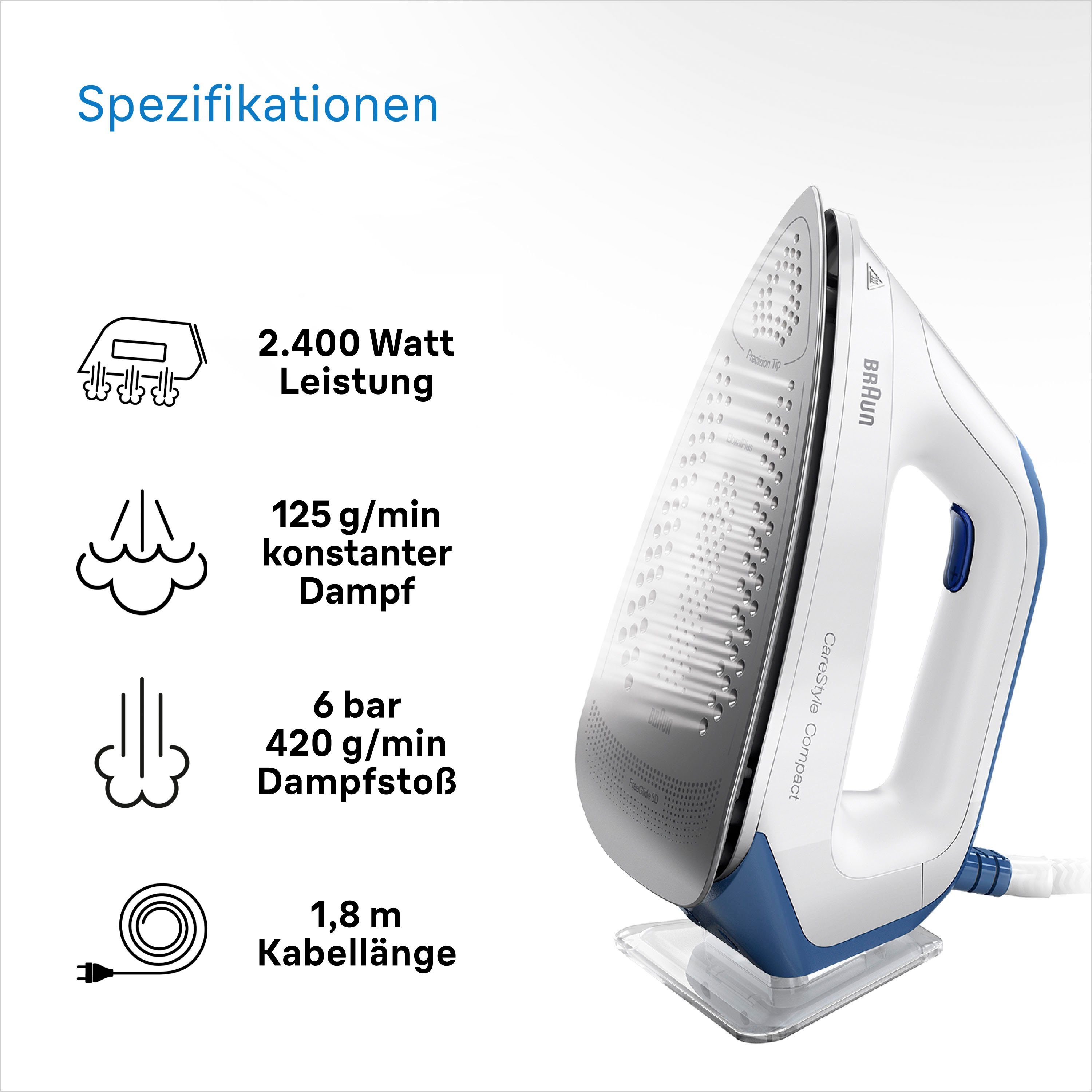 Braun Dampfbügelstation CareStyle Compact IS 2143 BL - 6,0 bar, 420 g Dampfstoß 1,5 l Tank, 1500 ml Wassertank, 125 g Dampfmenge, EloxalPlus Bügelsohle, Easy CalcClean Entkalkung