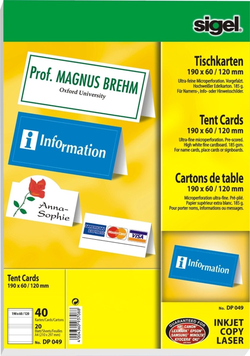 Sigel Designpapier Tischkarten A4 185g/qm hochweiß VE=40 Stück