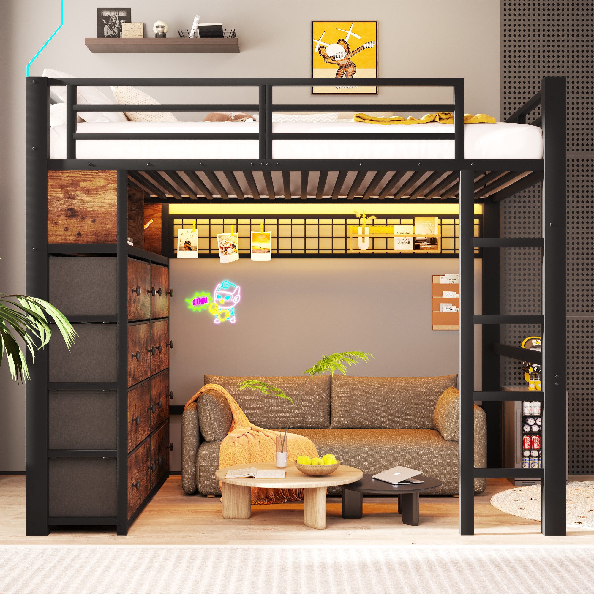 Merax Hochbett 140x200cm mit LED, Jugendbett Kinderbett (1-St) Metallbett mit 8 Schubladen, Regalen, Lochwand, Geländer & Stauraum