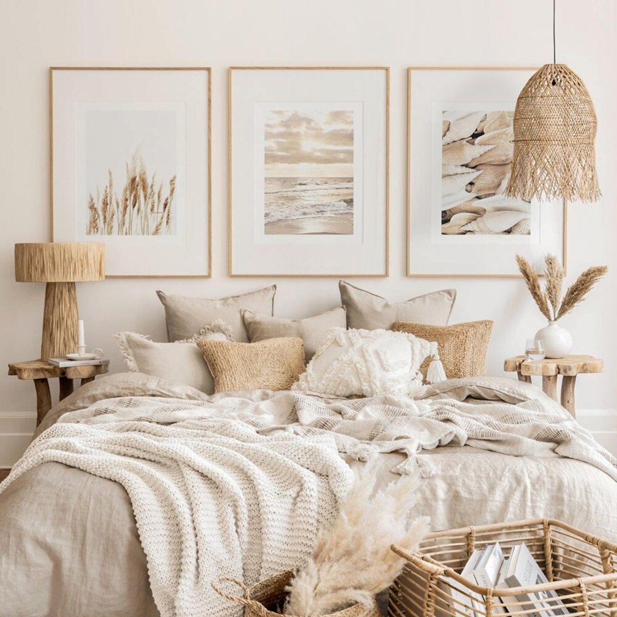 JUSTGOODMOOD Poster Sonnenaufgang am Strand Muscheln und Pampas Gras als Deko Print ohne R, B (1 St)