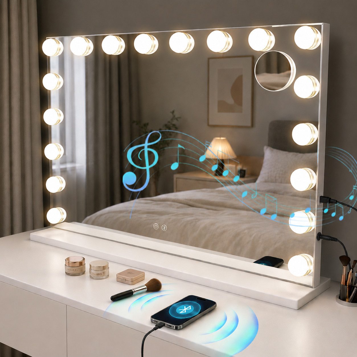 Nettlife Schminkspiegel Beleuchtung LED Spiegel 3 Lichtmodi Hollywood Style Beleuchtung USB (3-farbig einstellbares Licht mit Memory-Funktion, Touchscreen), 80*14*60cm Touch-Steuerung Musikfunktion ideal für Schminken Frisieren