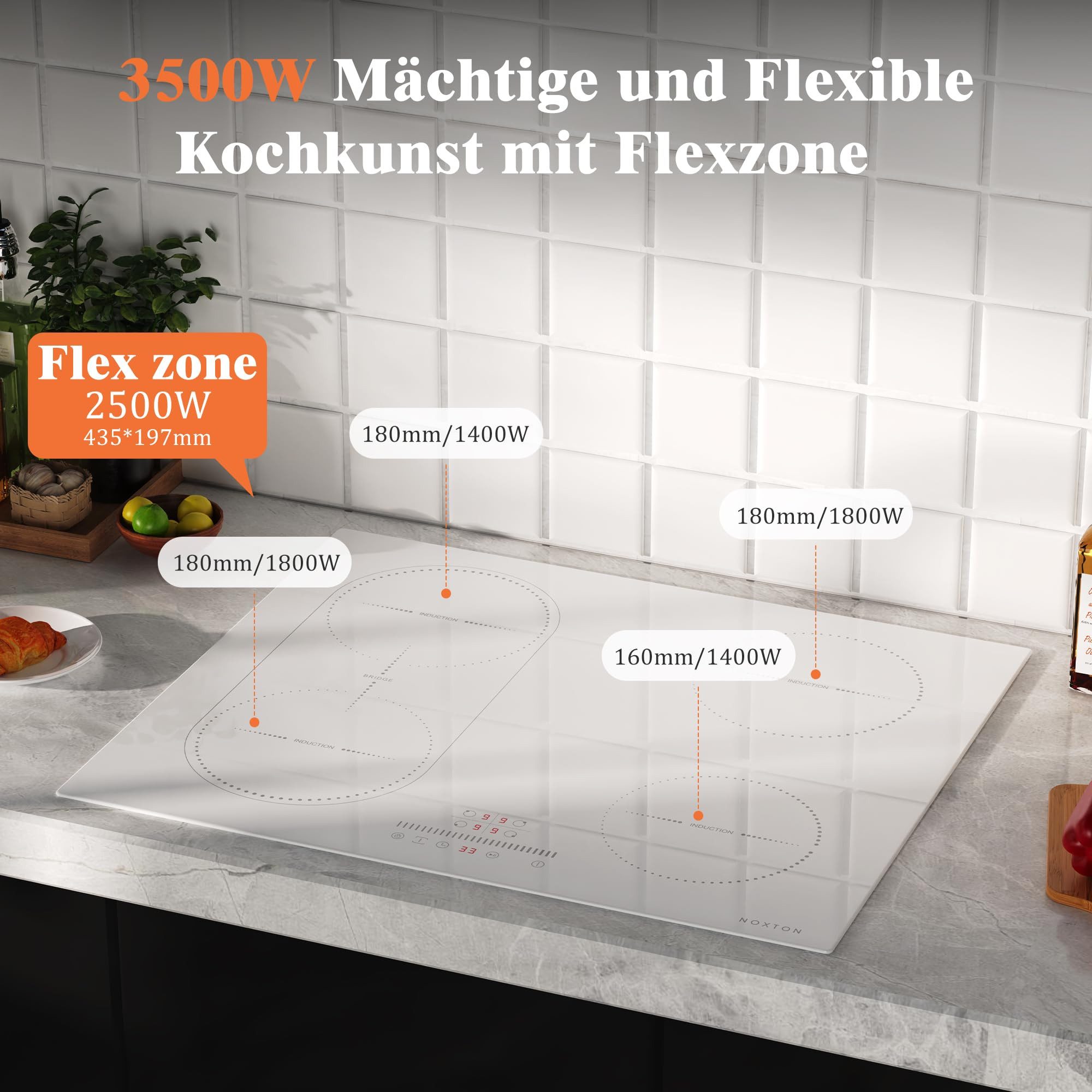 NOXTON Induktions-Kochfeld Induktionsfeld 4 Platten mit Flexzonen Weißes, Flexzonen, 3500W