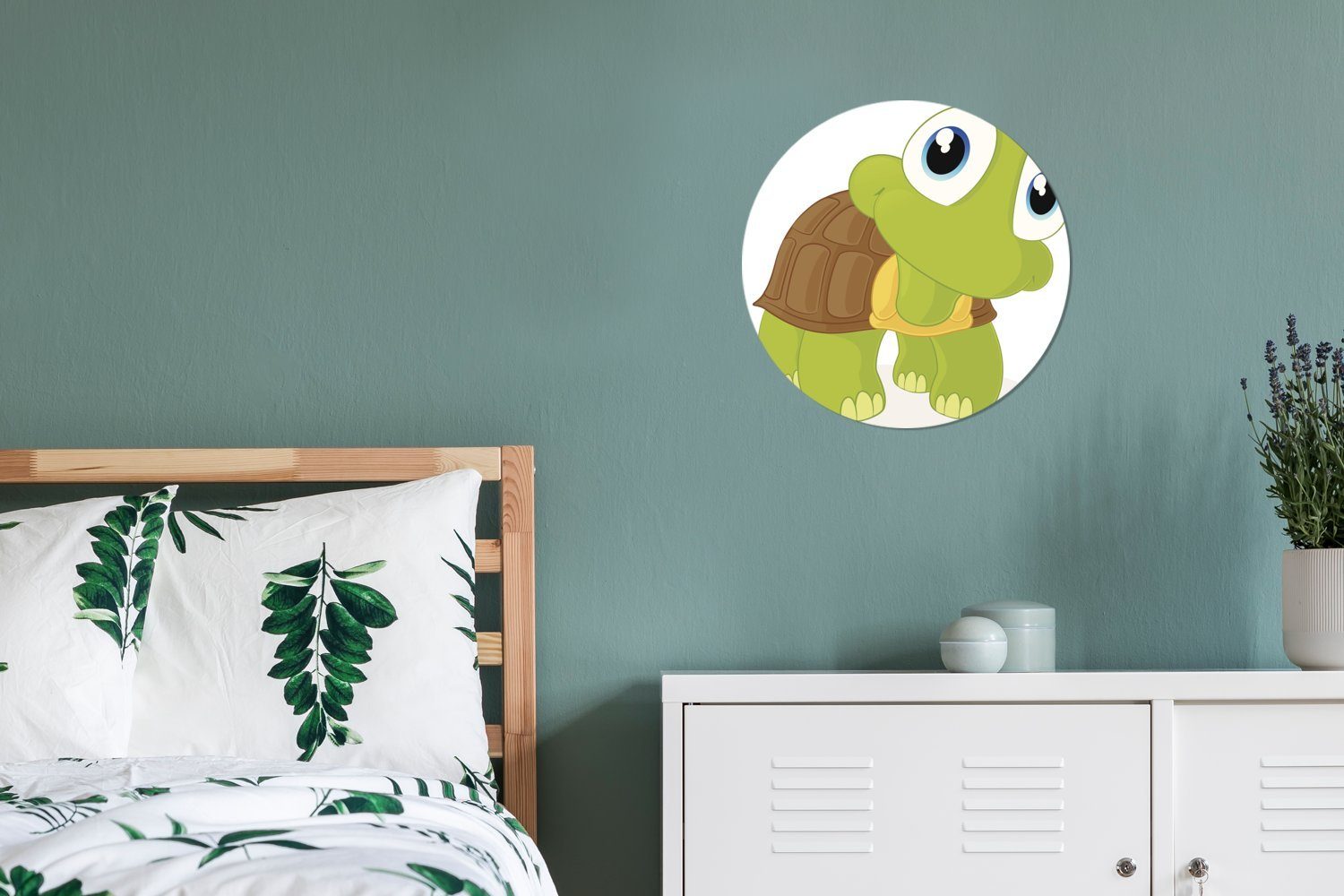 MuchoWow Wandsticker Wohnzimmer St), (1 nach Illustration die einer für Tapetenkreis Kinderzimmer, Rund, vorne schaut Tapetenaufkleber, Schildkröte, grünen
