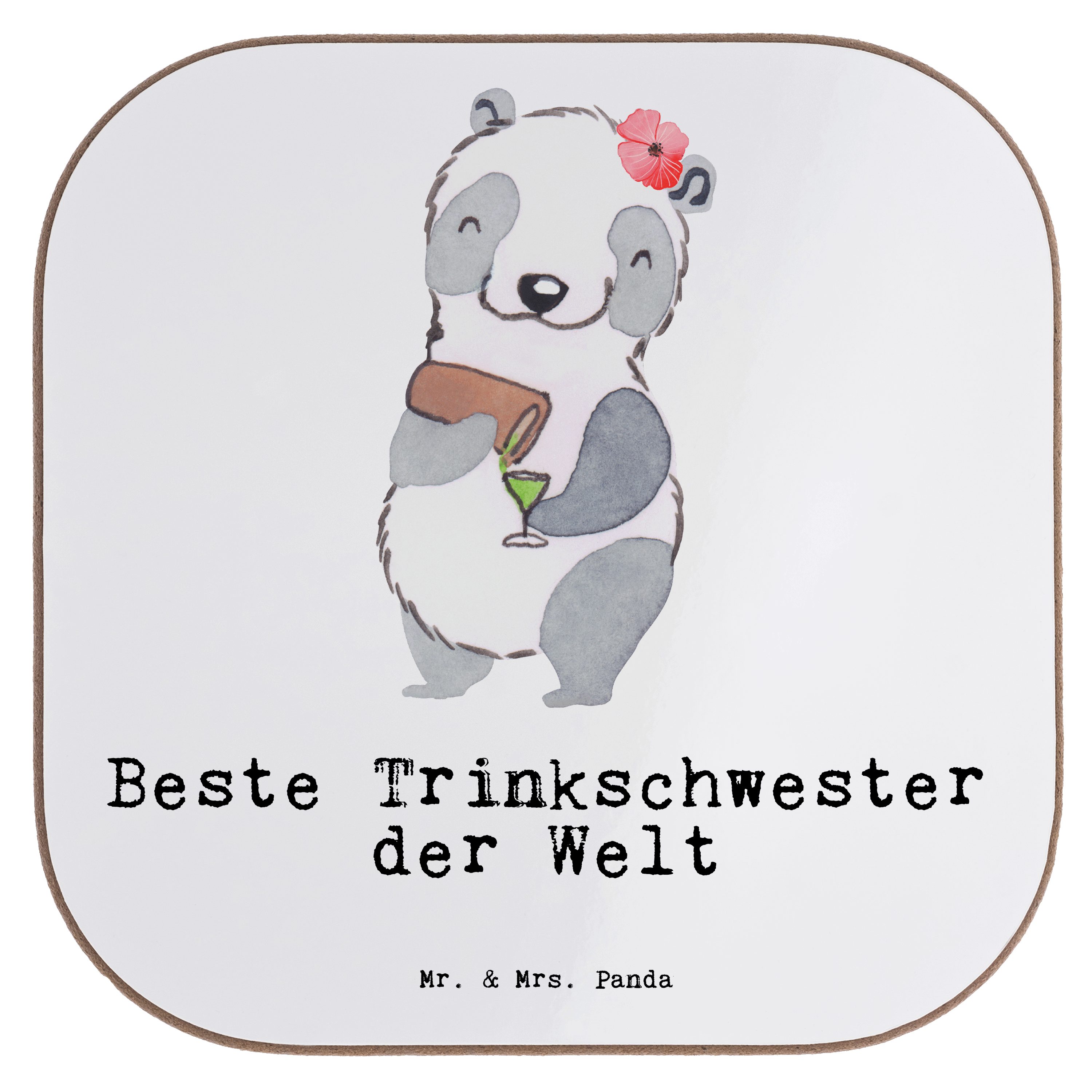 Mr. & Mrs. Panda Getränkeuntersetzer Panda Beste Trinkschwester der Welt - Weiß - Geschenk, Glasuntersetze, 1-tlg.