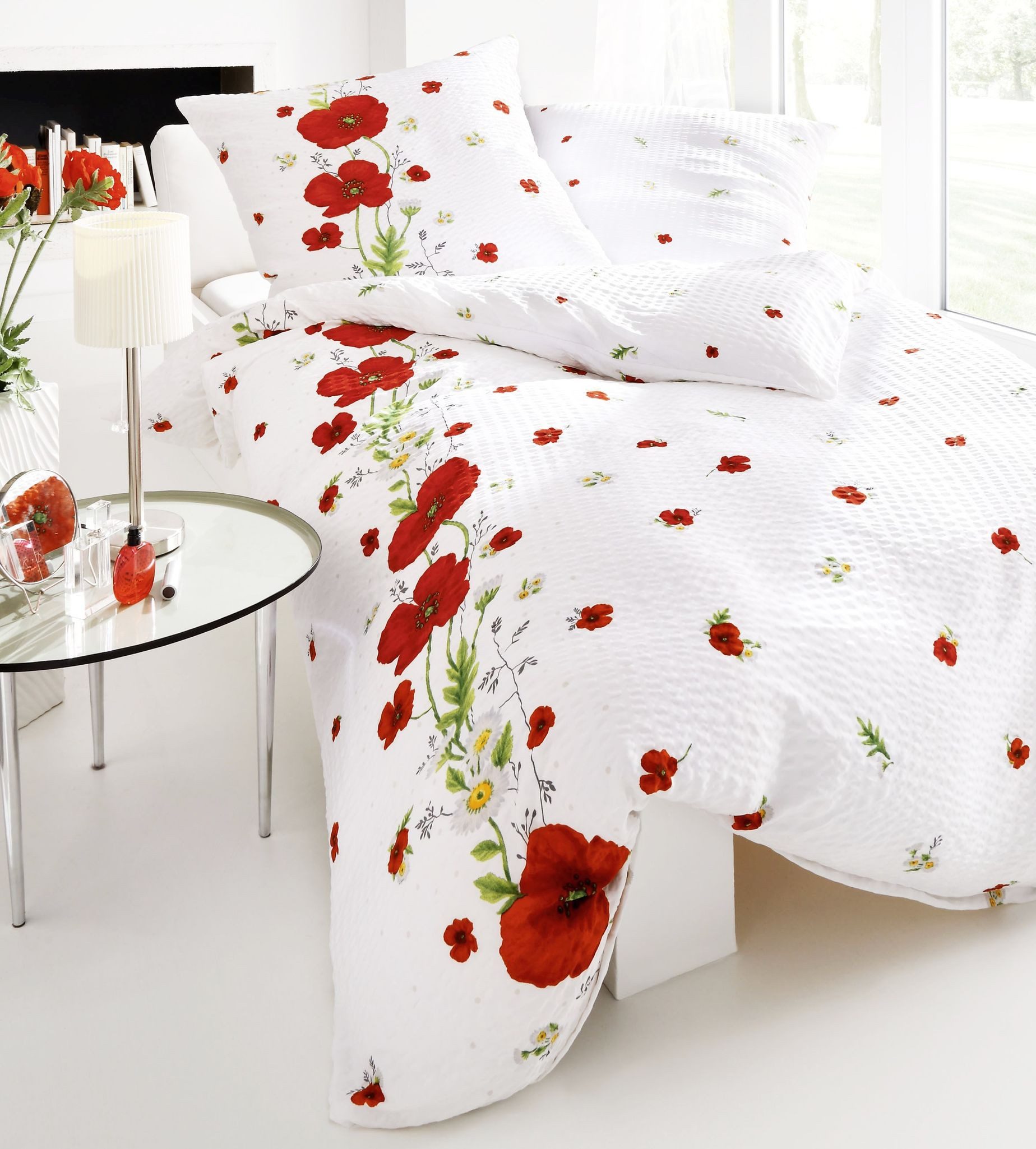 JACK Partnerbettwäsche JACK by Kaeppel 4tlg. Seersucker Bettwäsche 135x200cm Red Poppy Mohn, Seersucker, 4 teilig, Partnerwendebettwäsche mit tollem Mohnblumenmotiv Rot Weiß