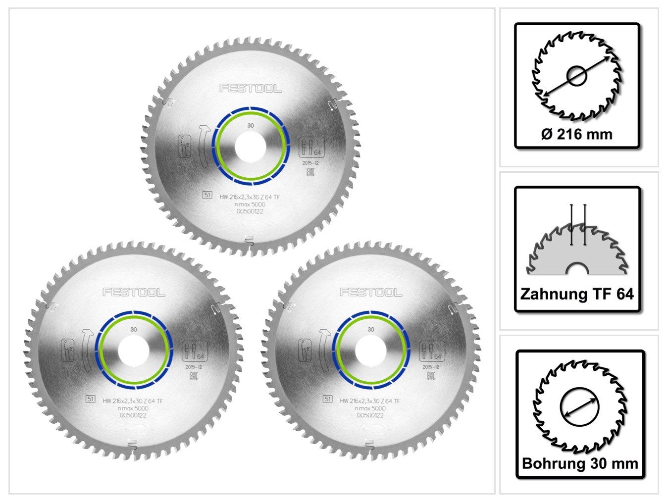 FESTOOL Kreissägeblatt Spezial Kreissägeblatt Set 3x HW 216 x 30 x 2,3 mm TF64 216 mm (3x 5