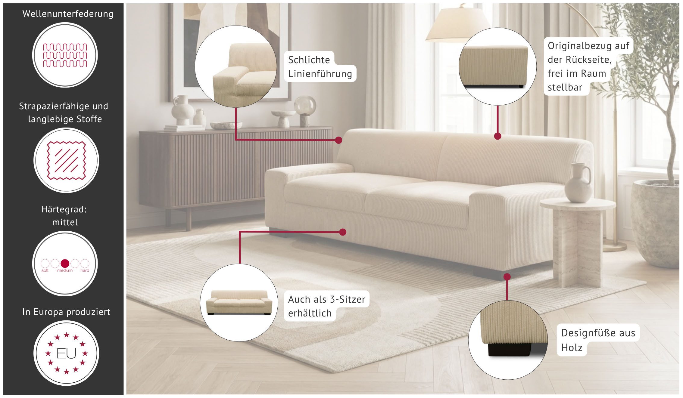 OTTO home Polstergarnitur Faxe aus 2-Sitzer und 3-Sitzer, (Set, 2-tlg), aus pflegeleichtem, weichem Bezugsstoff