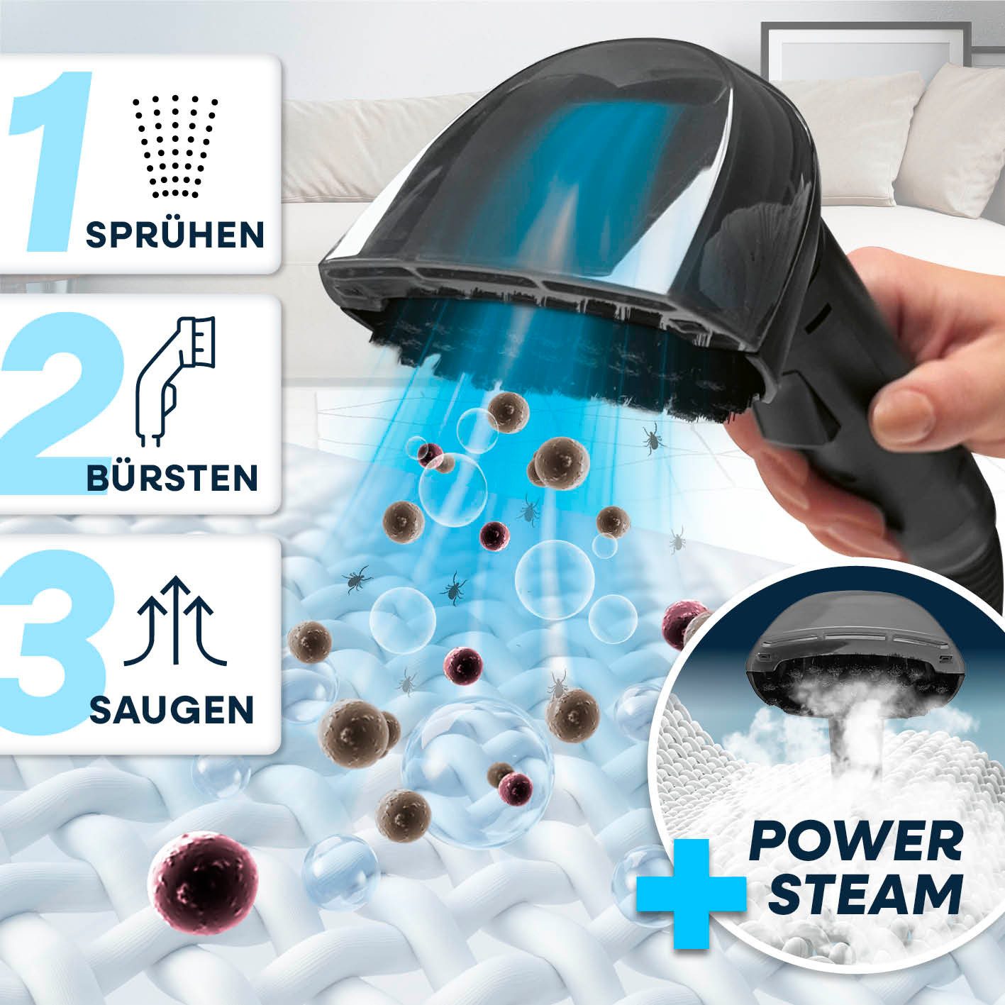 CLEANmaxx Teppichreinigungsgerät mit Dampffunktion 2000W und Voice Guide, 2000 W, Touchdisplay 4 Reinigungsmodi Matratze Teppich Boden Polster