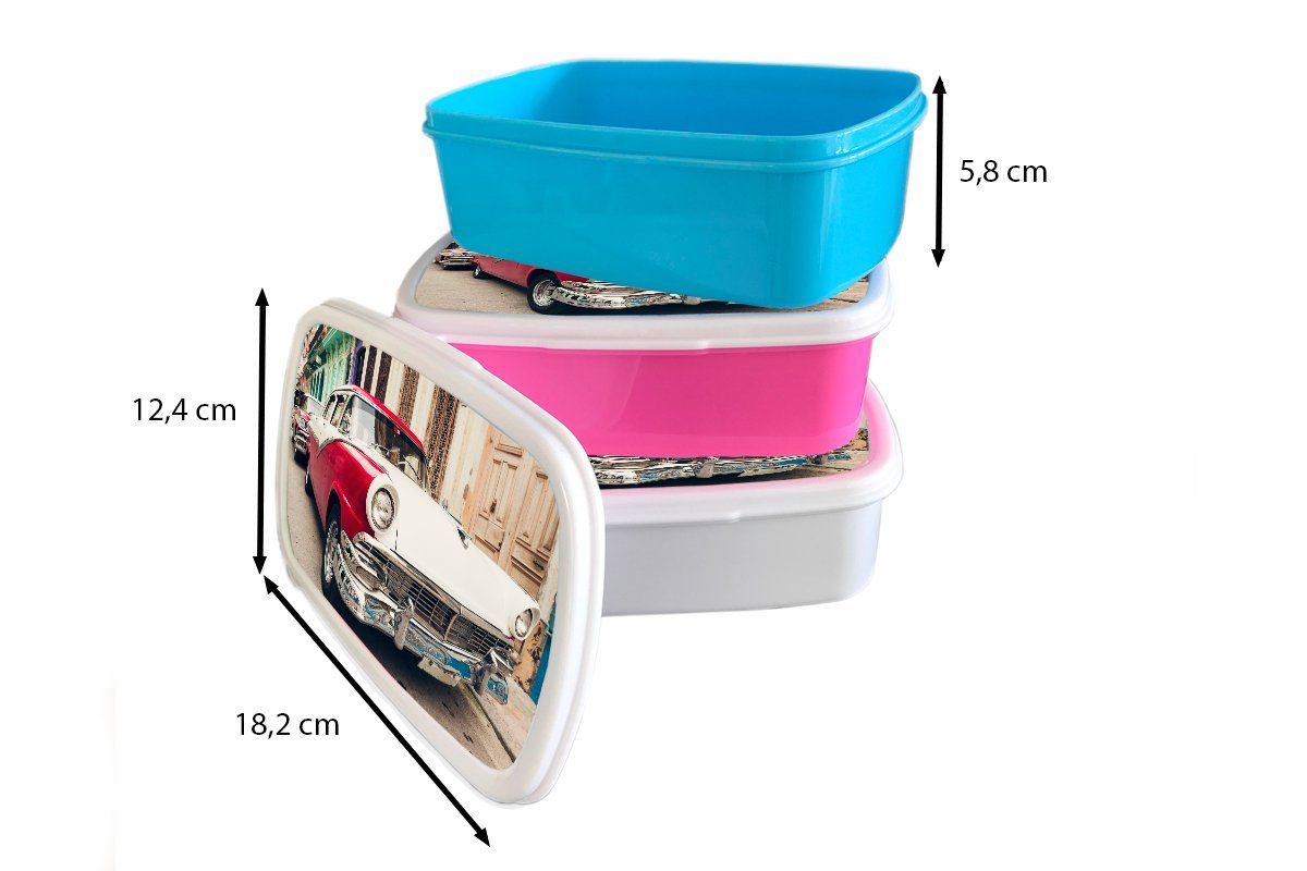 und Farbe, Lunchbox für MuchoWow Oldtimer Brotdose, Kunststoff, und und roter Jungs Kinder Mädchen Erwachsene, weißer Brotbox mit für (2-tlg),
