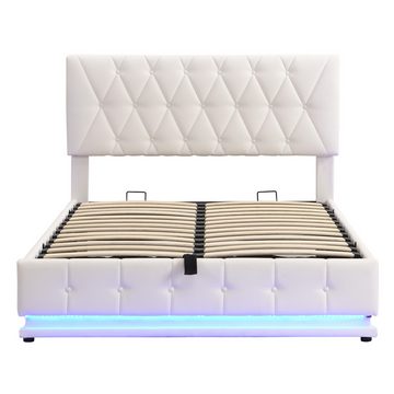 IDEASY Polsterbett Doppelbett, 140x200 cm, mit LED-Beleuchtung, (hydraulisch hebbarer Bettkasten, Kunstleder, hohe Belastbarkeit), höhenverstellbares Kopfteil