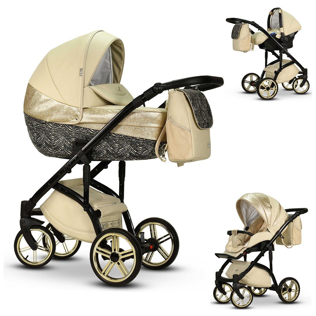 babies-on-wheels Kombi-Kinderwagen 3 in 1 Kinderwagen-Set Vip Lux - 12 Teile - in 16 Farben Beige-Schwarz-Dekor