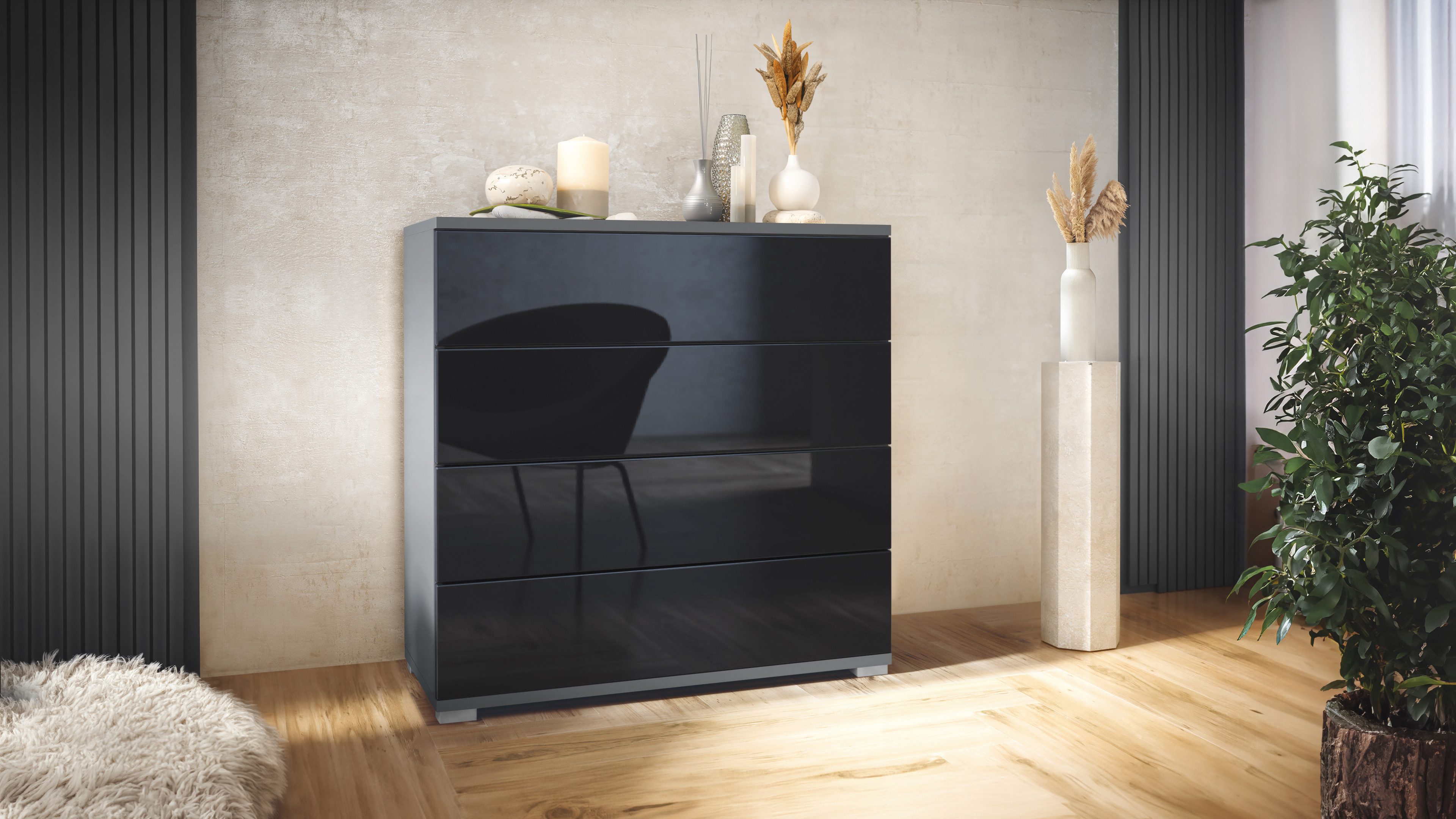 Vladon Kommode Pavos V3 (Sideboard, mit 4 Schubladen), Anthrazit matt/Schwarz Hochglanz (76 x 76 x 35 cm)