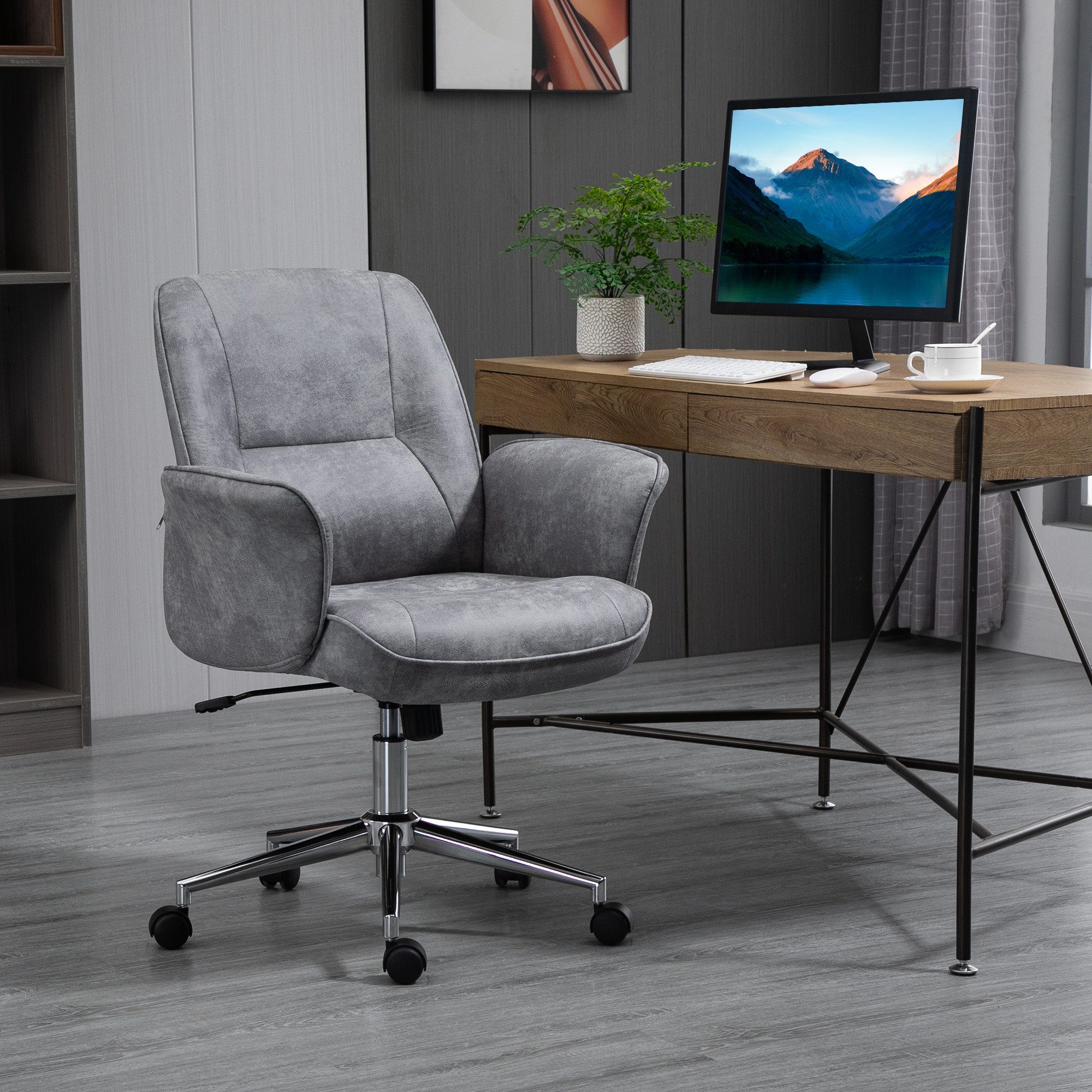 Vinsetto Bürostuhl Homeoffice Stuhl Schreibtischstuhl aus Mikrofaser höhenverstellbar (Bürostuhl, 1 St), Hellgrau 65 x 70 x 96-106 cm