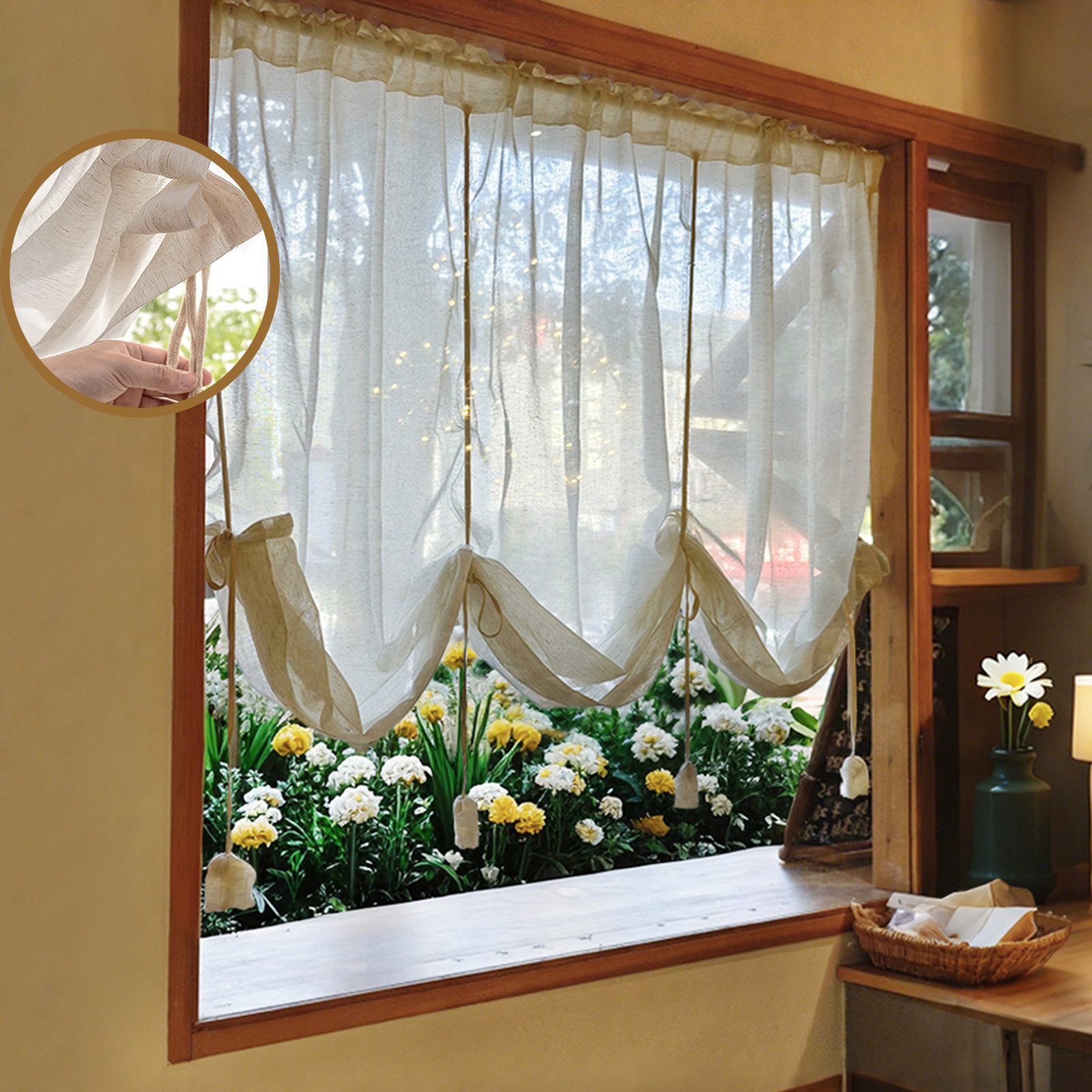 BTTO V&G Bindegardine Raffrollo Leinen Türvorhang Halbtransparent Sichtschu günstig online kaufen