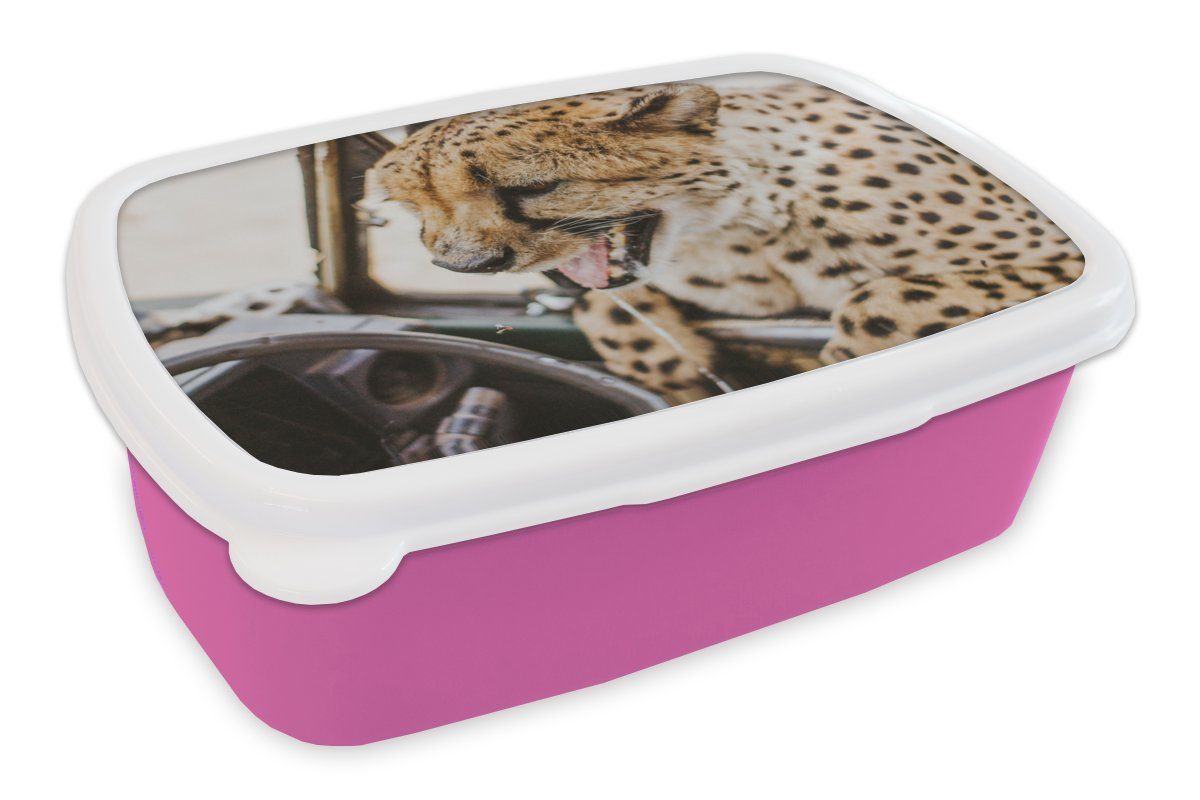 MuchoWow Lunchbox Auto - Lenkrad - Gepard, Kunststoff, (2-tlg), Brotbox für Erwachsene, Brotdose Kinder, Snackbox, Mädchen, Kunststoff rosa