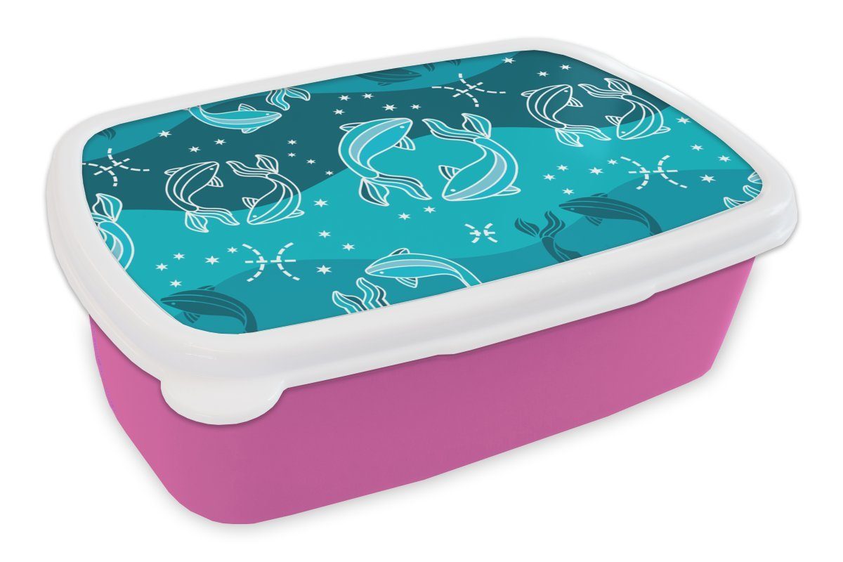 MuchoWow Lunchbox Fische - Tierkreiszeichen - Design, Kunststoff, (2-tlg), Brotbox für Erwachsene, Brotdose Kinder, Snackbox, Mädchen, Kunststoff rosa