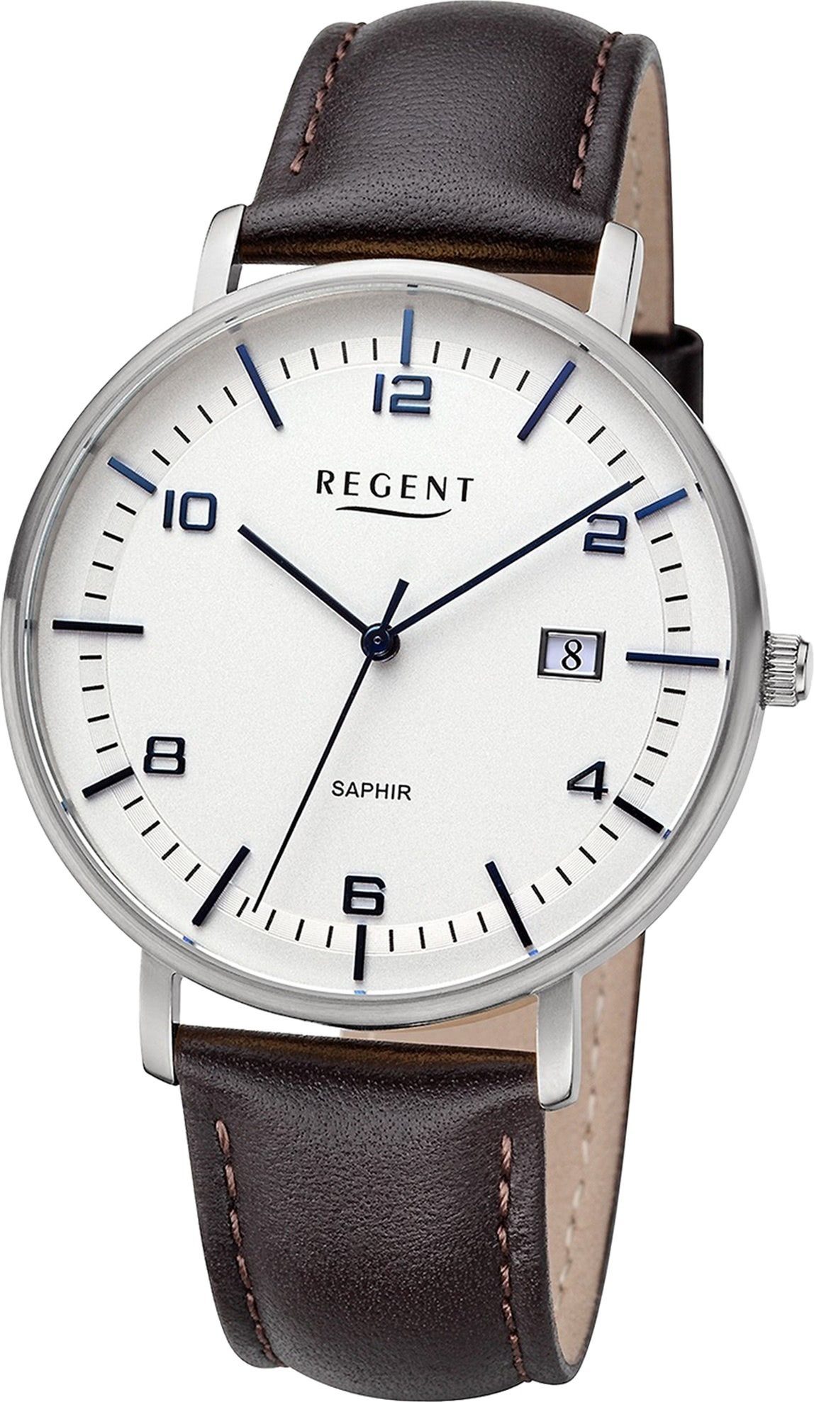 Regent Quarzuhr groß Armbanduhr Herren Herren rund, Armbanduhr 42mm), (ca. extra Analog, Regent Lederarmband, Uhrzeit