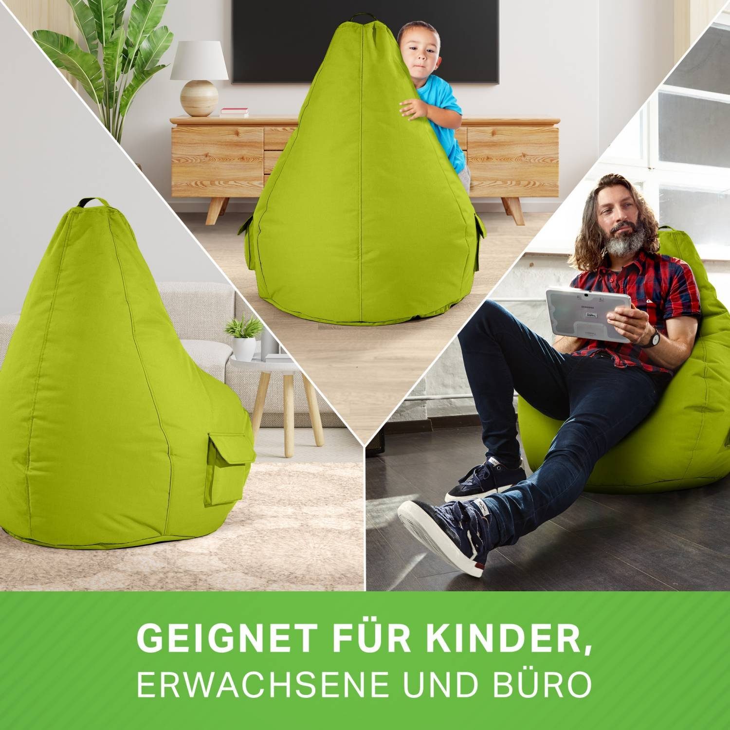 (2er Bodenkissen), Pouf - Green & Gamer Sitzsack Kinder Cozy+Cube Bag Lounge Sitzsack Bean robust -, Hocker Bean Gamingstuhl Set + waschbar Relax-Sessel Sitzhocker Grün befüllt fertig schmutzabweisend - Erwachsene